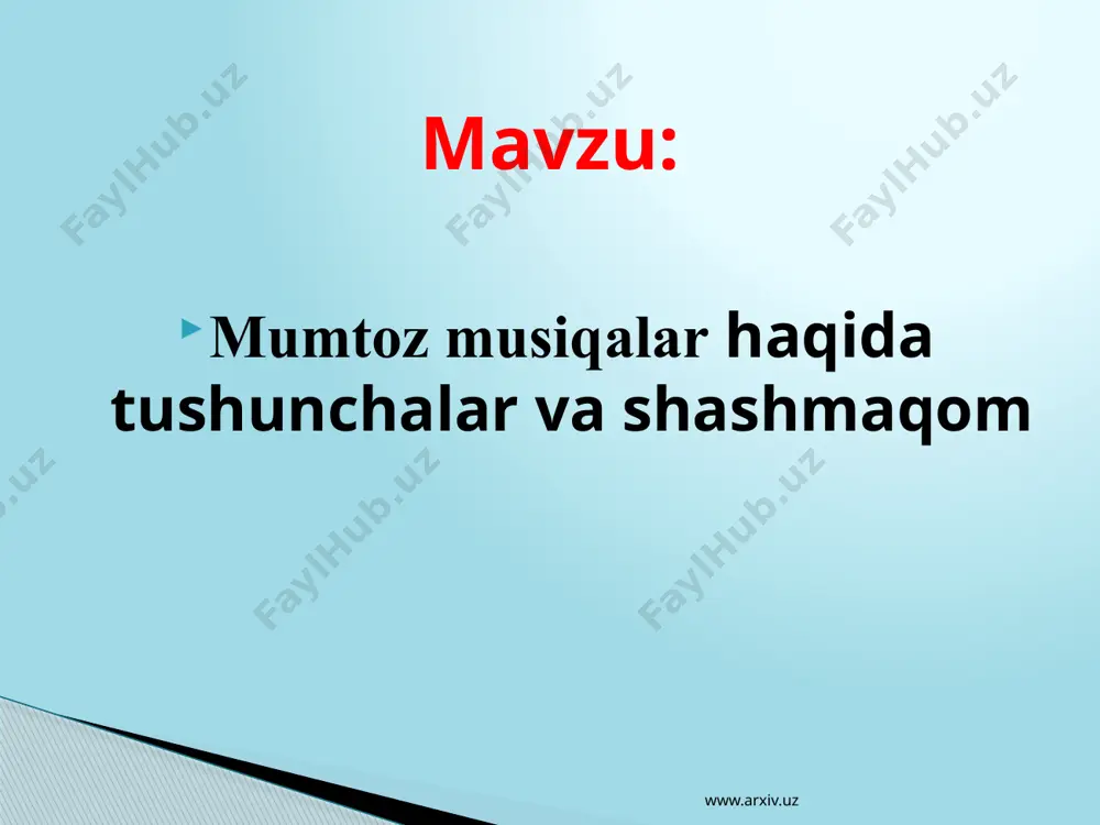 www.arxiv.uz www.arxiv.uz www.arxiv.uz www.arxiv.uz www.arxiv.uz www.arxiv.uz abu ali ibn sino musiqa tinglash ,uni udrok etish natijasida insonda turli ruhiy o`zgarishlar ro`y beradi. abdurahmon jomiy musiqa tinlovchilarda turli kayfiyat, ruhiy holatlarni uyg`ota olish imkoniyatlarini alohida qayt etib olganlar. а) shijoat va jasurlik uyg`otuvchi ohanglar : b) hursanchilik hamda quvonch baxsh etuvchi : v) qayg`u va mung uyg`otuvchi ohanglar: g) g`am mayuslik aralashgan shodlik hamda zavq uyg`otuvchi ohanglar musiqa haqida allomalar : www.arxiv.uz savollar: 1 guruh: orkestr nima? uning turlarini sanab o’ting. 2 guruh: sahnaviy musiqa asarlari deb nimaga aytiladi? 3 guruh: o’zbek xalq cholg’ullari orkestri necha guruhga bo’linadi? www.arxiv.uz 1 guruh orkestr – turli cholg’u ijrochilaridan tashkil topgan jamoa. orkestr 5 turga bo’linadi: simfonik orkestr duxovoy orkestr torli orkestr estrada orkestr o’zbek xalq cholg’ullari orkestri javoblar : www.arxiv.uz 2 guruh sahnada ijro etiladigan asarlarimiz musiqa jo’rligida bo’lsa, bu asarlar “sahnaviy musiqa asarlari” deyiladi: 1. opera 2. balet 3. musiqali drama va …
