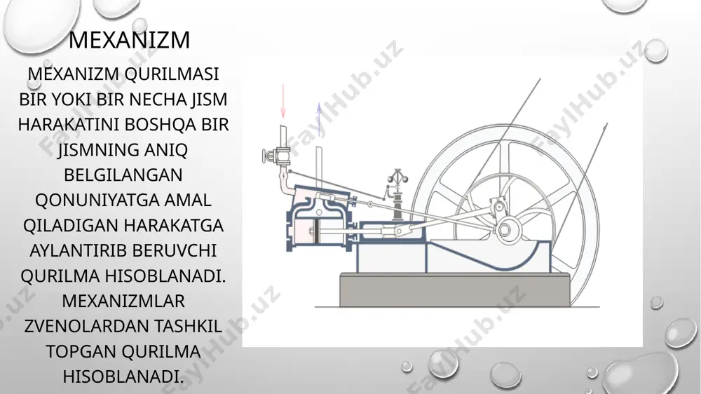 nixm yordamida bajarilgan butun ish foydali ishdan hamma vaqt bir oz ortiq bo’ladi. ishning bir qismi mexanizmdagi ishqalanishni yengish va uning ayrim qismlarini siljitishga sarf bo’ladi: m; yukni ko’tarishda ko’char blok qo’llanilganda, blok va arqonni ko’tarish hamda blok o’qdagi ishqalanishni engish uchun qo’shimcha ish bajarishda to’g’ri keladi: demak, foydali ishni a bilan, butun ishni af bilan belgilab quyidagini yozish mumkin: f<a yoki a/af=1 foydali ishning butun ishga nisbatan mexanizmning foydali ish koeffisenti deb ataladi va qisqacha f.i.k. deb belgilanadi: f.i.k = (a/ф)*100% mashina va mexanizm kinematik juftliklarida ishqalanish kuchi va boshqa kuchlar tufayli mexanizmni harakatga keltiruvchi energiyaning ma’lum bir qismi yo’qoladi. shu energiyaning yo’qolish qiymati mashina va mexanizmning naqadar yaxshi yoki yomon ishlashini xarakterlaydi. energiyaning bir qismi yo’qolishi natijasida texnologik jarayonni bajarish uchun sarflangan kuch kamayib ketadi. ba’zida bu kamayish juda katta bo’lib texnologik jarayonni bajarish mumkin bo’lmay qoladi. demak, ishqalanishga sarflanadigan kuch zararli kuch bo’lib, uni yo’qotish yoki kamaytirish …