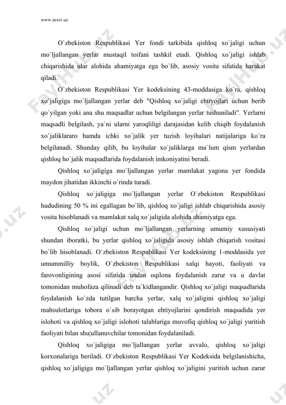 cha yerlar, xalq xo`jaligini qishloq xo`jaligi mahsulotlariga tobora o`sib borayotgan ehtiyojlarini qondirish maqsadida yer islohoti va qishloq xo`jaligi islohoti talablariga muvofiq qishloq xo`jaligi yuritish faoliyati bilan shu¦ullanuvchilar tomonidan foydalaniladi. qishloq xo`jaligiga mo`ljallangan yerlar avvalo, qishloq xo`jaligi korxonalariga beriladi. o`zbekiston respublikasi yer kodeksida belgilanishicha, qishloq xo`jaligiga mo`ljallangan yerlar qishloq xo`jaligini yuritish uchun zarur bo`lgan qishloq xo`jaligi yerlari va daraxtzorlar, ichki xo`jalik yo`llari, kommunikatsiyalar, o`rmonlar, yopiq suv havzalari, binolar, imoratlar va inshootlar egallangan yerlarga ajraladi (43-modda). shuningdek haydaladigan yerlar, nichanzorlar, yaylovlar, tashlandiq yerlar, ko`p yillik dov-daraxtlar (bo¦lar, tokzorlar, tutzorlar, mevali daraxt kuchatzorlari, mevazorlar va boshqalar) egallagan yerlar ham qishloq xo`jaligi yerlari jumlasiga kiradi. qishloq xo`jaligiga mo`ljallangan yerlar ichida su¦oriladigan yerlar muhim o`rinni egallaydi. su¦orish uchun yaroqli bo`lgan, suv resurslari shu yerlarni su¦orishni ta`minlay oladigan su¦orish manbai bilan bo¦langan doimiy yoki muvakkat su¦orish tarmo¦iga ega bo`lgan yerlar su¦oriladigan yerlar jumlasiga kiradi. yer uchastkalaridan foydalanish maqsadiga qarab qishloq xo`jalik korxonalari yerlari tovar qishloq xo`jaligi …