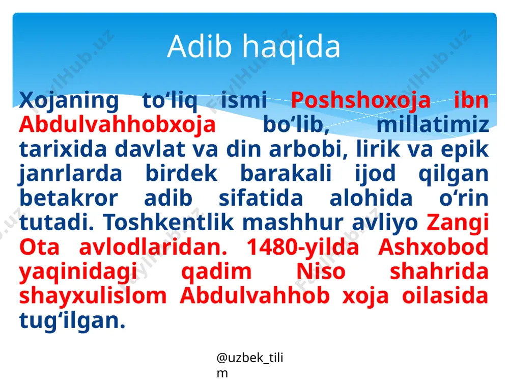 ish qilishning savobi naqadar ulug‘ligi aytilgan. 2-hikoyatda xo‘jayiniga sadoqat bilan xizmat qilmagan odam ikkinchi xo‘jayiniga sodiq bo‘lmasligi haqida. bunda xoinlik, vafosizlik qoralangan. 3-hikoyatda adolat qilishda ikki arzgo‘y tarafning shikoyatini birdek tinglash lozim ekanligi aytiladi. 4-hikoyatda ertasini o‘ylagan kishi hech qachon xonavayron bo‘lmasligi aytiladi. xojaning darslikda berilgan hikoyatlari mazmuni @uzbek_tilim @uzbek_tilim foydalanilgan adabiyot: adabiyot: umumiy o‘rta ta’lim maktablarining 9-sinfi uchun darslik. qayta ishlangan 4-nashri. /qozoqboy yo‘ldoshev, valijon qodirov, jalolbek yo‘ldoshbekov; [mas’ul muharrir: v.rahmonov]. —t.: “o‘zbekiston” nmiu, 2019. image3.jpg /docprops/thumbnail.jpeg