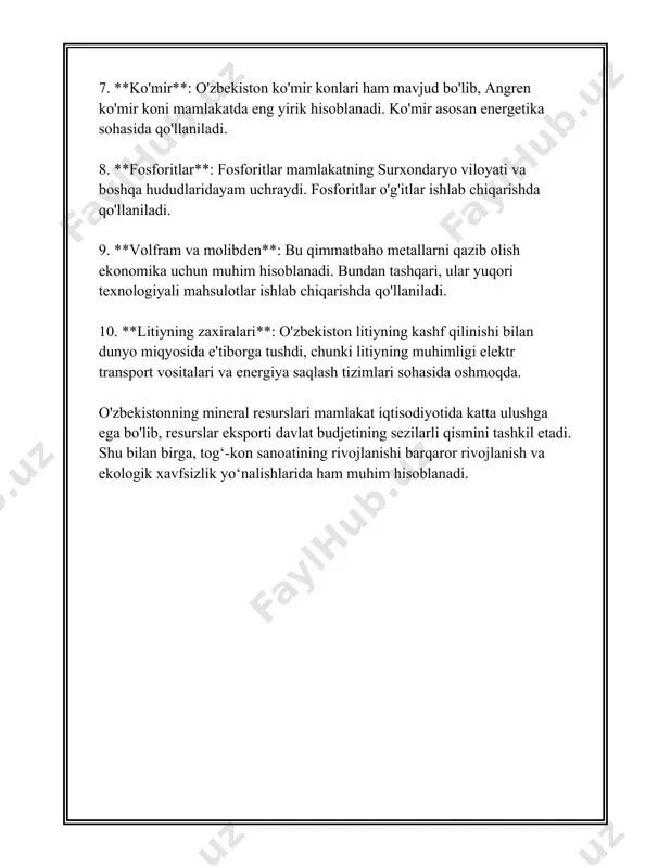 ng qo'llaniladigan asosiy foydali qazilmalardir. ushbu minerallar mato sifatini yaxshilash, rangni barqarorlashtirish, atrof-muhit ta'sirlariga chidamliligini oshirish kabi maqsadlarda ishlatiladi. to'qimachilik sanoati ushbu foydali qazilmalar orqali o'z mahsulot sifatini va bozordagi raqobatbardoshligini oshiradi. shu bilan birga, sifatli va uzoq muddatli matolar, kiyim-kechaklar ishlab chiqarish imkoniyatlarini kengaytiradi. 3. o'zbekistonning oltin konlari o‘zbekiston oltin konlari boyligi bo‘yicha dunyodagi yetakchi mamlakatlardan biri sanaladi. o‘zbekistondagi ko‘plab yirik konlar mamlakat iqtisodiyotiga katta hissa qo‘shib kelmoqda. mamlakat oltin zaxiralarining asosiy qismi navoiy viloyatida joylashgan. quyida o‘zbekistonning oltin konlari haqida batafsil ma’lumot beriladi. 1. **muruntov**. o‘zbekistondagi eng yirik oltin koni bo‘lgan muruntov jahonda ham eng yiriklardan biri hisoblanadi. uning zaxiralari 1700 tonnadan oshadi. muruntov koni 1967-yilda kashf etilgan va hozirgi kunda navoiy kon-metallurgiya kombinati tomonidan ishlov berilmoqda. har yili bu kon 60 dan 70 tonnagacha oltin ishlab chiqaradi, bu o‘zbekistonning umumiy oltin ishlab chiqarish hajmining sezilarli qismini tashkil etadi. 2. **kon qor metrosi**. muruntovdan keyin eng yirik konlardan …