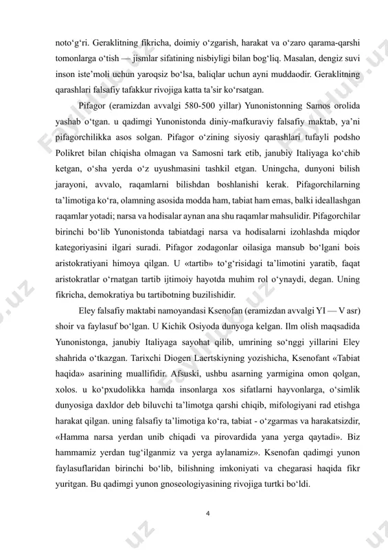 ini eley shahrida o‘tkazgan. tarixchi diogen laertskiyning yozishicha, ksenofant «tabiat haqida» asarining muallifidir. afsuski, ushbu asarning yarmigina omon qolgan, xolos. u ko‘pxudolikka hamda insonlarga xos sifatlarni hayvonlarga, o‘simlik dunyosiga daxldor deb biluvchi ta’limotga qarshi chiqib, mifologiyani rad etishga harakat qilgan. uning falsafiy ta’limotiga ko‘ra, tabiat - o‘zgarmas va harakatsizdir, «hamma narsa yerdan unib chiqadi va pirovardida yana yerga qaytadi». biz hammamiz yerdan tug‘ilganmiz va yerga aylanamiz». ksenofan qadimgi yunon faylasuflaridan birinchi bo‘lib, bilishning imkoniyati va chegarasi haqida fikr yuritgan. bu qadimgi yunon gnoseologiyasining rivojiga turtki bo‘ldi. ksenofant ilgari surgan g‘oyalar uning shogirdi eley falsafiy maktabining ko‘zga ko‘ringan namoyandalaridan biri, eramizdan avvalgi 504 yili tug‘ilgan parmenid tomonidan rivojlantirilgan. eley falsafiy maktabining namoyandalaridan biri parmenidning shogirdi va do‘sti zenon (490-430 yillar) o‘z ustozining ta’limotini himoya qildi va uni rivojlantirdi. qadimgi yunon madaniyatida sofistlar falsafasi katta o‘rin tutadi. sofistlar antropologiya (inson haqidagi fan) va gnoseologiya (bilish to‘g‘risidagi fan) muammolari bilan shug‘ullangan. sofistlar yangi …