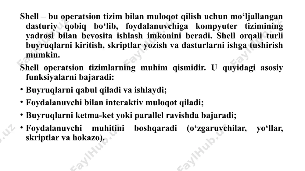 pechat qilish echo "hello“ echo "hello world" > ~/test.txt echo "hello again" >> ~/test.txt printf "%s\n" "hello world" linux da foydalanuvchi ( shell ) muxiti. foydalanuvchi ( shell ) muxiti foydalanuvchi va linux ot orasida interfeysni tashkillashtiradi. keng tarqalgan muxitlar qo‘yidagilar: sh - bourne muxiti, unix ot uchun klassik muxiti bash obolochka bourne again (gnu bourne-again shell). linux ot oilasi uchun keng tarqalgan muxit. ksh - obolochka korn, csh - obolochka c, c dasturlash tili sintaksisdan foydalangan tcsh - versiya obolochki c redaktirlash mumkin. biz komandalardan tashqari skriptlar yozib uni xuddi komandadek ishlatishimiz mumkin. uning uchun skript yozib uni interpritatsiya qilamiz. skriptda komandalar avtomatik ravshda bajarilishi uchun vazifalar planirovshiki cron mavjud. u /usr/spool/cron/crontabs/ direktoriyasida joylashgan. shell=/bin/bash path=/sbin:/bin:/usr/sbin:/usr/bin mailto=root home=/ # run-parts 01 * * * * root run-parts /etc/cron.hourly 02 4 * * * root run-parts /etc/cron.daily 22 4 * * 0 root run-parts /etc/cron.weekly 42 4 1 * * …