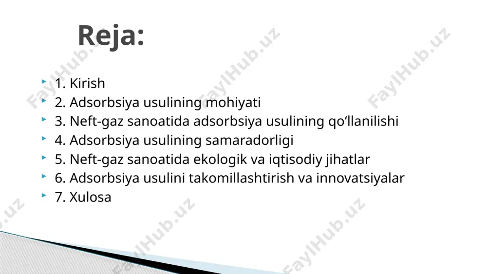 ining samaradorligi suyuqlikning kimyoviy tarkibiga, adsorbentning xususiyatlariga va shart-sharoitlariga bog‘liq. adsorbsion tenglama adsorbsiya jarayoni odatda izotermik jarayon bo‘lib, bu erda adsorbentning o‘z yuzasiga yutilgan ifloslantiruvchi moddalar miqdori va bu miqdor bilan bog‘liq sharoitlar (masalan, harorat va bosim) o‘rtasida bog‘liqlik mavjud. neft-gaz sanoatida adsorbsiya usulining afzalliklari suvni samarali tozalash: adsorbsiya usuli ko‘plab ifloslantiruvchi moddalarni, jumladan, neft mahsulotlarini, yog‘larni, og‘ir metalllarni va kimyoviy moddalarning izlarini samarali olib tashlashga yordam beradi. bu suvni tabiiy resurslarga qayta ishlatish uchun tayyorlaydi. yuqori samaradorlik: adsorbsiya jarayoni yuqori samaradorlikka ega, chunki u ko‘p turdagi ifloslantiruvchi moddalarni o‘zining yuzasiga tez va samarali yutadi. aktivlashtirilgan uglerod, masalan, organik moddalar va yog‘larni samarali ushlab qoladi. kimyoviy qo‘shimchalarni kamaytirish: adsorbsiya jarayonida kimyoviy reaktivlar yoki qo‘shimcha moddalardan foydalanilmaydi, bu esa suyuqlikni yanada tabiiy va ekologik tozalashni ta’minlaydi. ekologik xavfsizlik: adsorbsiya usulining bir afzalligi shundaki, adsorbent materiallar ko‘pincha qayta ishlanishi mumkin, bu esa atrof-muhitga zararli ta’sir ko‘rsatmaydi. bu materiallar osonlik bilan qayta ishlanib, …