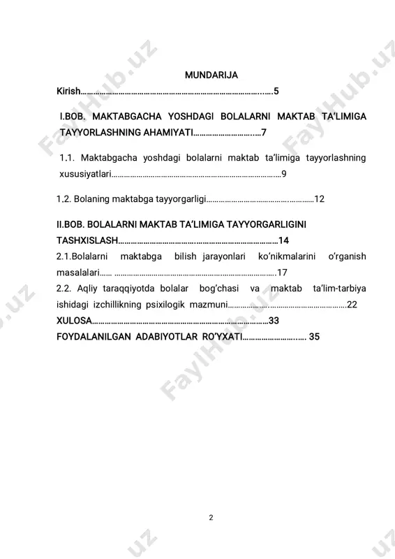 l kurs ishi himoyasi bo’yicha komissiya xulosasi __________________________________________________________________________ __________________________________________________________________________ ________________________________________________________ himoya qilingan sana ____________ baho natijasi___________________ komissiya raisi: ____ ________ imzo fish a’zolar: 1. ____________________ 2. ____________________ 3. ____________________ 4 taqriz maktabgacha ta’lim tashkilotlarida bolalarga matematik tasavvurlarni o‘rgatish, hisoblashga, misol yechish ko’nikmalarini shakllantirishni rejalashtiriladi. hozirgi kunda o‘zbekiston respublikasi maktabgacha ta’lim vazirligi tasarrufidagi maktabgacha ta’lim tashkilotlarida bolalarni sifatli maktab ta’limiga tayyorlashga alohida e’tibor qaratilmoqda. maktabgacha ta'lim tashkilotlarning turli yosh guruhlarida maktabgacha yoshdagi bolalar matematik rivojlanishi o'rni va ahamiyati keng yoritilgan. maktabgacha ta'lim tashkilotlaridagi guruhlarda mavjud bo'lgan guruhlarida matematik tasavvurlarni shakllantirish bo'yicha metodik tavsiyalar berilgan. fikrlar maktabgacha ta'lim tashkilotining davlat o'quv dasturiga asoslangan holda xulosalangan. kurs ishi mavzusi aynan shu mavzuga mos bo’lib bolalarning maktabga ruhiy tayyorgarligi ahamiyatini o’rganish haqida so’z yuritilgan. kurs ishi kirish, 2 ta bob, xulosa va foydalanilgan adabiyotlar ro’yxatidan iborat. birinchi bobda ” maktabgacha yoshdagi bolalarni maktab ta’limiga tayyorlashning xususiyatlari” haqida alohida to’xtalib o’tilgan. ikkinchi bobda ” bolalarni …