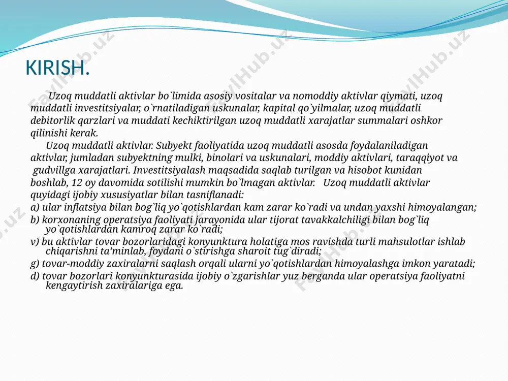 ish huquqini qo`lga kiritishi; - korxonani tashkil etish va ro`yxatdan o`tkazish davrida amalga oshirilgan tashkiliy xarajatlar; - bozorda yuqori obro`ga ega firmaning savdo markasi yoki ishlab chiqarish texnologiyasidan foydalanish huquqini (litsenziyani) sotib olish chog`ida xaridorning litsenziya egasi tomonidan qat’iy belgilab berilgan shartlarga (mahsulot va xizmatlarni sotish chog`ida sifat standartlariga rioya etish) so`zsiz rioya etishini ko`zda tutuvchi shartnoma - franchayzing; - san’at asarlari va boshqa asarlarga mualliflik huquqi; - samarali ishlab chiqarish va boshqaruv tizimini qo`llashi natijasida tarmoq korxonalariga nisbatan yuqori foyda oladigan korxonaning balans qiymati bilan bozor qiymati o`rtasidagi farq sifatida hisobga olinadigan - gudvill; - boshqa nomoddiy aktivlar. kapital qo`yilmalar — qurilish yoki asosiy vositalar yoki nomodiy aktivlarni sotib olish va ularni foydalanishga topshirishgacha bo`lgan xarajatlar summasining yig`indisiga tengdir. masalan, korxona qurilish olib borayotgan bo`lsa, qurilish bilan bog`liq barcha xarajatlar kapital qo`yilmalar hisobida aks ettiriladi. uzoq muddatli moliyaviy qo`yilmalar — foiz yoki dividend ko`rinishda daromad olish maqsadida uzoq vaqt …