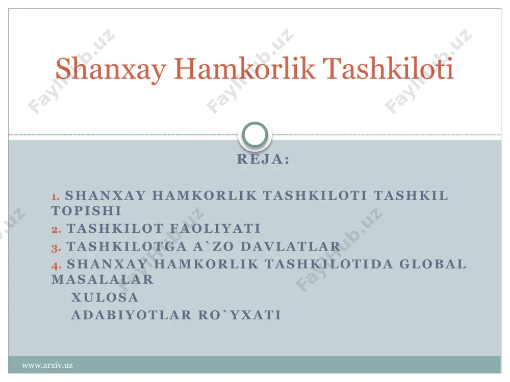 qisqartirish (1997) toʻgʻrisida 2 ta bitim imzolangan edi. 1998 y.dan "beshlik" mamlakatlarining oʻzaro hamkorligi sobiq sovet ittifoqi — xitoy chegarasi boʻylab harbiysiyosiy vaziyatni barqarorlashtirish masalalaridan mintaqaviy xavfsizlik va koʻp tomonlama iqtisodiy hamkorlikni taʼminlash choralariga oʻtishga qaratildi. www.arxiv.uz www.arxiv.uz tashkilotning asosiy vazifasi: www.arxiv.uz iqtisodiy hamkorlikni tashkil etish mintaqaviy xavsizlikni taminlash shanxay hamkorlik tashkiloti shhtning dushanba (2000) sammitida oʻzbekiston respublikasi birinchi marta kuzatuvchi sifatida qatnashdi. ana shu sammitda "beshlik" negizida koʻp tarmoqli tashkilot tuzish toʻgʻrisida taklif ilgari surildi. shht taʼsischilaridan biri sifatida ishtirok etish haqidagi qarorni oʻzbekiston oʻz milliy manfaatlaridan kelib chiqib, markaziy osiyo mintaqasidagi harbiysiyosiy vaziyatni hisobga olgan holda qabul qildi. shanxay sammitida (2001 y. iyun) yangi tashkilotning maksad va prinsiplarini eʼlon qilgan deklaratsiya, shuningdek, terrorizm, ayirmachilik va ekstremizmga qarshi kurash toʻgʻrisidagi konvensiya qabul qilindi. www.arxiv.uz shanxay hamkorlik tashkiloti shxt doirasida a’zo mamlakatlarning tashki siyosat maxkamalari, iktisodiyot va savdo vazirliklari, xavfsizlik kengashlari urtasida muntazam mulokotlar utkazilmokda. toshkent sammiti arafasida xam bu …
