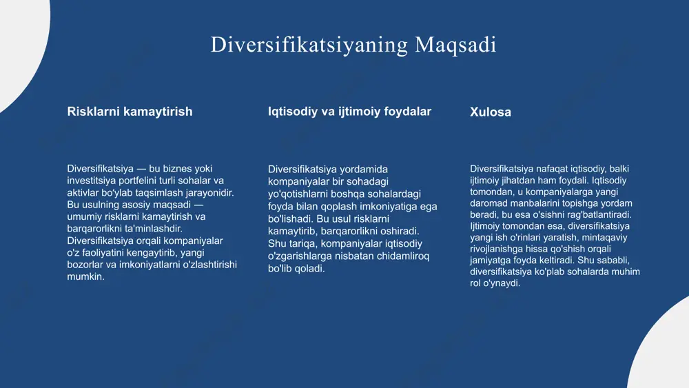 a'minlashi mumkinligini ko'rsatadi. xulosa va takliflar • diversifikatsiyaning kelajagi: kelajakda diversifikatsiya strategiyalari yanada o'sib boradi. bozor ehtiyojlariga moslashish va yangi imkoniyatlarni o'rganish orqali kompaniyalar o'z raqobatbardoshligini oshirishlari mumkin. • istiqbollar: innovatsiyalarni jalb qilish va texnologik yutuqlarni qo'llash orqali diversifikatsiya yanada samaraliroq bo'ladi. • takliflar: kompaniyalar uchun diversifikatsiya strategiyalarini yanada rivojlantirish va yangi bozorlarga kirishni tavsiya etamiz. • kelajak rejalari: risklarni kamaytirish va imkoniyatlarni kengaytirish uchun strategik rejalashtirish talab etiladi. • risklarni kamaytirish: yangi bozorlarga kirishda ehtiyotkorlik va puxta rejalashtirish muhim ahamiyatga ega. potentsial xavflarni aniqlash va ularga qarshi kurashish uchun qo'shimcha choralar ko'rilishi zarur. diversifikatsiya ta'rifi diversifikatsiya kompaniyalarning o'z faoliyatini ko'plab yo'nalishlarga kengaytirishi jarayonidir. bu jarayonning maqsadi risklarni kamaytirish, o'sishni rag'batlantirish va sinergiya hosil qilishdir. • risklarni kamaytirish: turli bozorlarga kirish orqali kompaniya bir bozordagi yo'qotishlarni boshqasi bilan qoplash imkoniyatiga ega bo'ladi. • o'sishni rag'batlantirish: yangi mahsulot va xizmatlar orqali daromadlarni oshirish imkoniyati yaratiladi. • sinergiya hosil qilish: resurslar va …