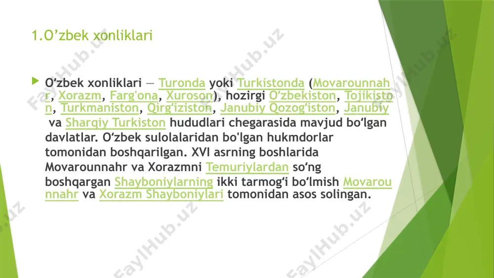 gan talon-tarojlari haqida muhim va qimmatli ma’lumotlar bor. asarning yana bir qimmatli tomoni shundaki, unda sodir bo‘lgan voqealarning vaqti aniq ko‘rsatilgan. bundan tashqari, shayboniyxon qo‘shinlari tarafidan farg‘ona viloyatining bosib olinishi faqat “tavorixi guzida, nusratnoma” asarida to‘g‘ri va to‘liq yoritilgan. “shayboniynoma” tarixiy dostonining muallifi muhammad solih (taxm. 1455-1535 yy.) bo‘lib, turkiyzabon bilkut qabilasidan chiqqan. shohruh va mirzo ulug‘bek davrida zo‘r nufuzga ega bo‘lgan amir shohmalikning nabirasi. otasi amir nur saidbek ham yirik amirlardan bo‘lib, avval mirzo ulug‘bek, so‘ngra sulton abu sa’id mirzo xizmatida bo‘lgan, 1464-1467 yillari xorazmda hokim bo‘lgan va 1467 yili sulton abu saidning farmoni bilan qatl etilgan. 3.o’zbek xonliklariga oid adabiyotlar. o’zbek xalqi qadimiy tarixga, boy o’tmish mеrosga ega. ko’p asrlik xalqning tarixi yozma yodgorliklar va og’zaki ijod namunalari orqali avloddan -avlodga o’tib kеlmoqda. yurtimizda istiqlolning dastlabki yillaridanoq milliy- ma’naviy mеrosga bo’lgan e’tibor kuchaydi. barcha sohalarda bo’lgani kabi adabiyotshunoslik ilmida qatag’onga uchragan an’analarimiz, diniy va tasavvufiy adabiyot hamda uning …