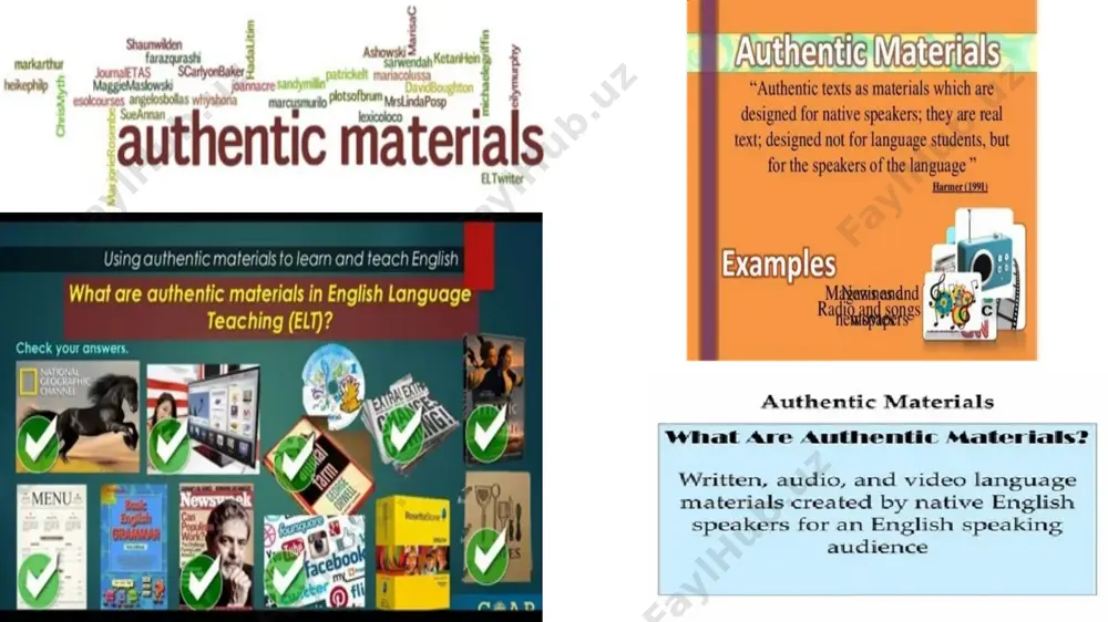 ng with them authentic materials expose your learners to real language as it is used in the real world. it is not the language of coursebooks, which has been graded to a certain level. there is a need to expose your students to language that is not graded specifically for their level. authentic materials introduce our learners to real contexts and situations. they connect our learners to the english-speaking world. this makes them inherently interesting. if the lessons are interesting, our learners will be more invested in the lessons and consequently learn more. image1.png image2.png image3.png image4.png image5.png image6.png image7.png image8.png image9.png /docprops/thumbnail.jpeg