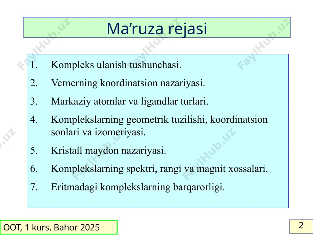 r-akseptor bog‘lanish hosil bo‘lishi 7 oot, 1 kurs. bahor 2025 komplekslarga misollar. 1 [ru(mebimpy)(4,4′-((ho)2opch2)2bpy)(oh2)]2+ suvni elektr oksidlash katalizatori (jacs, 2009, 131, 15580) mebimpy - 2,6-bis (1-metil-benzimidazol-2-il) piridin bpy - 2,2'-bipiridin oot, 1 kurs. bahor 2025 8 komplekslarga misollar. 2 xlorofill - fotosintezda yorug‘likni yutadigan modda (pigment) 8 oot, 1 kurs. bahor 2025 komplekslarga misollar. 3 oot, 1 kurs. bahor 2025 gem-gemoglobinning tarkibiy qismidir 9 koordinatsion nazariyasi (verner, 1893) ekspremental natijalar ionlar soni cl− ionlari soni ptcl4∙6nh3 5 4 ptcl4∙5nh3 4 3 ptcl4∙4nh3 3 2 ptcl4∙3nh3 2 1 ptcl4∙2nh3 0 0 kcl∙ptcl4∙2nh3 2 0 2kcl∙ptcl4 3 0 oot, 1 kurs. bahor 2025 11 koordinatsion nazariyasi koordinatsion birikmalar nazariyasi ( koordinatsiya nazariyasi) 1893 yilda shveytsariyalik kimyogari alfred verner tomonidan ishlab chiqilgan bo‘lib , u 1913 yilda nobel mukofoti laureati bo‘lgan . uning ilmiy faoliyati syurix universitetida bo‘lib o‘tdi. olim ko'plab yangi kompleks birikmalarni sintez qildi, ilgari ma’lum bo‘lgan va yangi olingan kompleks …