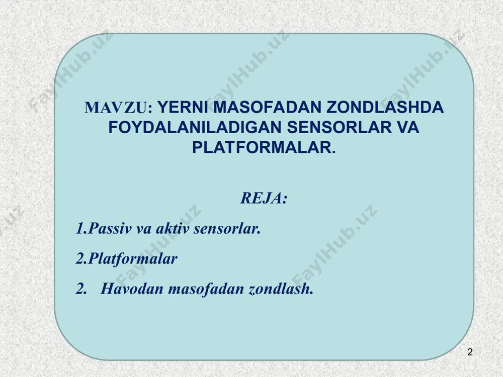 hanlik xususiyatlarini kun yoki fasl davomida tekshirish mumkin. 2. patformalar. * havodan kuzatuvlar o‘zgaruvchan sensorlarni olib yuruvchi samolyotlar yordamida amalga oshiriladi. fotoapparat yoki skanerni olib yuruvchi samolyotning polida asbobni o‘rnatish uchun maxsus ochiq joy bo‘ladi. ba’zida ultra yorug‘lik vositalari (ultra light vehicles – ulvs), havo sharlari va havo kemalari havodan masofadan zondlashda ishlatiladi. havodan kuzatuvlar 100 m dan 30–40 km balandlikda amalga oshiriladi. yaqin kunlargacha samolyot navigatsiyasi havodan masofadan zondlashning eng qiyin va eng muhim qismi edi.yaqin yillarda sun’iy yo‘ldosh navigatsiya texnologiyasining paydo bo‘lishi parvozlarni sifatli amalga oshirishni tez suratda rivojlanishiga olib keldi. * * rasmdagi birliklarni eslatib o‘tamiz: x o‘qi – to‘lqin uzunligi, y o‘qi – har bir birlik maydondagi energiya miqdori. shuning uchun egri chiziq ostidagi maydon ma’lum haroratda nurlangan umumiy energiya miqdorini anglatadi. yuqori harorat ko‘proq qisqa to‘lqin uzunliklarning hosil bo‘lishiga asos bo‘ladi degan xulosaga kelish mumkin. 400°c li yuqori nurlanish 4 µm, 1000°c li yuqori nurlanish …