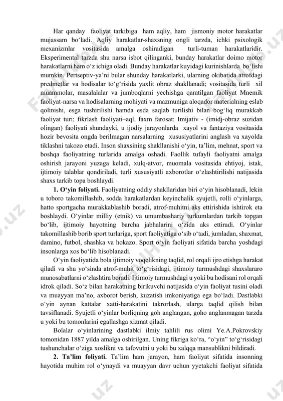 andozalari” singari tushunchalarda o‘z ifodasini topadi. jumladan, ularning eng muhimlari: “harakat akseptori” va “ilgarilab aks ettirish” (p.k.anokin), “harakatlantiruvchi vazifa” va “bo‘lg‘usi ehtiyoj andozasi” (n.a.bernshteyn),, “zaruriy mohiyat” va “kelajak andozasi” (mittelshtedt, u.eshbi) va boshqalar. sanab o‘tilgan tadqiqotchilarning talqinlari ilmiy faraz (taxmin) tarzida berilganligi tufayli ular miyada qanday aks etilishi mumkinligini mukammal bilishga qodir emasmiz. lekin ularning miyada ilgarilab aks ettirish to‘g‘risidagi mulohazalari, bubborada tasavvurlarning yaratilishi psixologiya fani uchun ijobiy ilmiy voqelik bo‘lib hisoblanadi. inson faoliyati ayrim xollarda tashqi tamondan ifodalansa (harakatlarda, yorish turish va xakozolarda), boshqa xollarda esa u ichki harakatlarga ega bo‘ladi. ana shu nuktai nazardan sa’i harakatlarni ikki turkumga ajratish mumkin: a) tashqi( real, predmetli, jismoniy, amaliy, motor) harakatlarga: b) ichki (timsloiy, ruhiy, psixik, aqliy, intellektual) sa’i harakatlar. tashqi, real (predmetli sa’y harakatlardan ichki, timsoliy, xatti-harakatlarga kuchirilishi utish jarayonini interiorizatsiya (tom ma’nosi bilan aytganda, ichki tarzga aylanishi) deb atashadi. interiorizatsiya tufayli kishi psixikasi ma’lum bir vaqt ichida uning nazari …