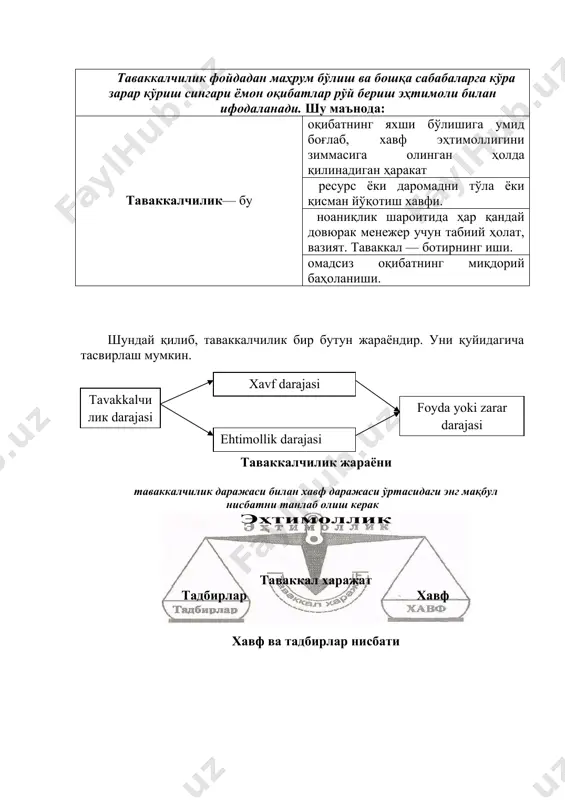и обдон қайта кўриб чиқишни йўлга қўйиш; · қиммат турувчи лойиҳаларга қўл уришда юз бериш эҳтимоли бўлган менежерлар хатоларининг ўзига хос моделини тузиш ва ҳоказо 2. тижоратчиликдаги хавф · молиявий коэффициентлар нисбатининг йўл қўйиб бўладиган сўнгги чегарасини аниқлаш; · мазкур лойиҳага сарфланаётган маблағнинг бўлғуси рентабеллигини оширувчи усулларини тўғри танлаш ва ҳоказо. 3. ресурсларни нотўғри таксимланиш хавфи · ресурсларни тақсимлашда улар миқдорини эътиборга олган ҳолда кимга қанча зарурлигини аниқлаш ва тўғри белгилаш; · ишлаб чиқариладиган маҳсулотлар миқдорини, сонини аниқ билиб олиш учун тўғри маркетинг тадқиқотларини олиб бориш, матрица услубидан фойдаланиш ва ҳоказо. 4. иқтисодий беқарорлик ва талабнинг ўзгариши · самарали режалаштириш; · бозорни ўрганиш; · нарх-навони ўрганиш; · истиқболни белгалаш ва ҳоказо. 5. рақобатдош-ларнинг ҳаракати · рақиблар амалга ошириш эҳтимоли бўлган ҳаракатларни чуқур ўрганиш; · уларнинг маркетинг фаолиятани, бозордаги ну-фузини аниқлаш ва ҳоказо. 6. молиявий хавф · молияни тўғри бошқариш; · нофаол маблағларни тезда даромад келтирувчи лойиҳаларга сарфлаш ёки фойдали фоизларга …