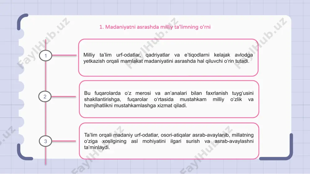 alarni singdirish orqali xalq madaniyatining ildizlari saqlanib qoladi va vaqt o‘tishi bilan mustahkamlanib boradi. milliy ta'lim orqali kelajak avlodlar o'zlarining madaniy merosini asrab-avaylash va ulug'lash uchun zarur bo'lgan bilim va tushunchalar bilan qurollanadilar. 8. milliy ta’lim madaniy meros posboni sifatida milliy ta’lim madaniy merosni asrab-avaylash va avloddan-avlodga yetkazishda hal qiluvchi o‘rin tutadi. u yoshlar ongiga qadriyatlar, an’analar va bilimlarni singdirish orqali boy madaniy merosimiz posboni bo‘lib xizmat qilmoqda. milliy ta’lim-tarbiya orqali madaniyatimiz davomiyligi va o‘ziga xosligi asrab-avaylanib, kelajak avlodlarga yetkaziladi. e'tiboringiz uchun rahmat