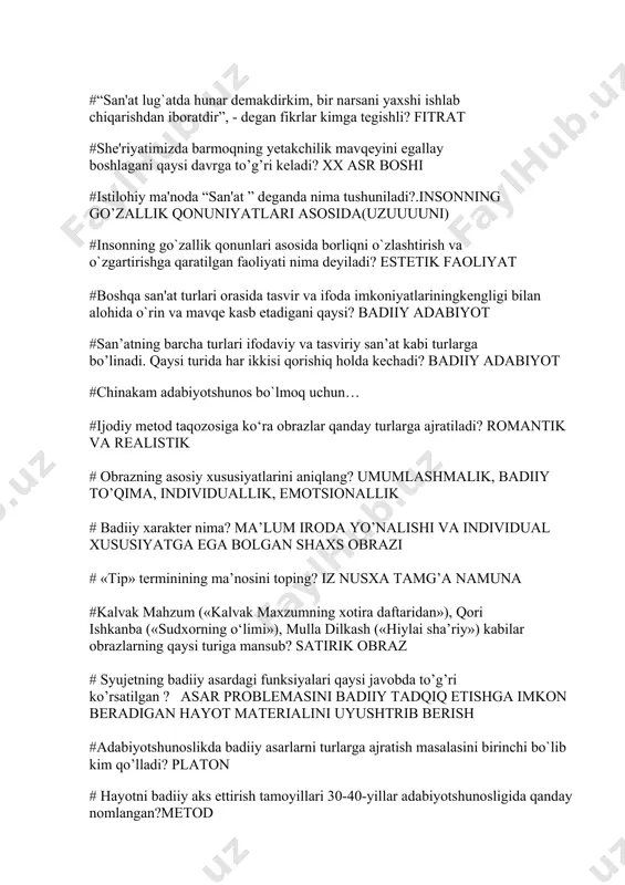 qanday turlarga ajratiladi? romantik va realistik # obrazning asosiy xususiyatlarini aniqlang? umumlashmalik, badiiy to’qima, individuallik, emotsionallik # badiiy xarakter nima? ma’lum iroda yo’nalishi va individual xususiyatga ega bolgan shaxs obrazi # «tip» terminining ma’nosini toping? iz nusxa tamg’a namuna #kalvak mahzum («kalvak maxzumning xotira daftaridan»), qori ishkanba («sudxorning o‘limi»), mulla dilkash («hiylai sha’riy») kabilar obrazlarning qaysi turiga mansub? satirik obraz # syujеtning badiiy asardagi funksiyalari qaysi javobda to’g’ri ko’rsatilgan ? asar problemasini badiiy tadqiq etishga imkon beradigan hayot materialini uyushtrib berish #adabiyotshunoslikda badiiy asarlarni turlarga ajratish masalasini birinchi bo`lib kim qo’lladi? platon # hayotni badiiy aks ettirish tamoyillari 30-40-yillar adabiyotshunosligida qanday nomlangan?metod # “muloqot tili yеtkazgan informatsiya oddiy informatsiya bo`lsa, badiiy til badiiy informatsiyani yеtkazadi” ushbu fikr muallifi kim?dilmurod quronov # romantizm metodning bosh xislati...idealga moslab hayotini qayta yaratish #badiiy asar sujetidagi voqea va qahramonlar taqdiri... yechim #epigraf so’zining ma’nosi... yozuv #badiiy ijod jarayonidagi ilk bosqich nima? ijodiy jihatning tug’ilishi …