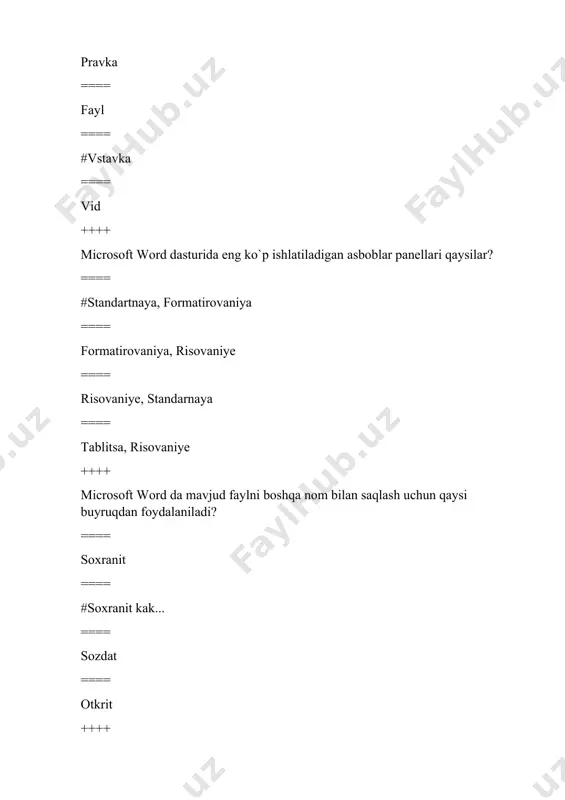 li joyga o’tib okno-vstavit buyruqlari ketma-ket tanlanadi ==== fayl-soxranit kak buyrug’i tanlanadi ++++ ms wordda wordart ni ishga tushirish uchun ==== #vstavka- ob’ekt wordart buyrug’i tanlanadi ==== fayl-parametri stranitsi- wordart buyrug’i tanlanadi ==== spravka- wordart buyrug’i tanlanadi ++++ windows standart programmalariga nimalar kiradi? ==== #bloknot, wordpad, paint, kalkulyator ==== word, excel, powerpoint ==== access, delphi ++++ ms wordda jadval hosil qilganda qaysi menyu faollashadi? ==== #konstruktor ==== razrabotchik ==== vstavka ++++ ms wordda wordart ni ishga tushirish uchun ==== #vstavka - ob’ekt wordart buyrug’i tanlanadi ==== fayl-parametri stranitsi- wordart buyrug’i tanlanadi ==== spravka- wordart buyrug’i tanlanadi ++++ ms excel 2010 da nechta satr qatorlari bor? ==== 1 049 348 ==== 1 480 576 ==== #1 048 576 ==== 1 408 578 ++++ 1 bayt necha bitdan tashkil topgan? ==== 1024 bit ==== 2048 bit ==== #8 bit ==== 16 bit ==== 2 bit ++++ wordda hujjat ekranining ko`rinishini o`zgartirish uchun …