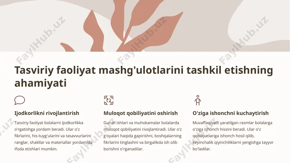 tushunchalarini, kompozitsiyani tushunishni va ijodiy fikrlashni rivojlantiradi. u bolani o'z fikrlarini ifoda etishga, o'z his-tuyg'ularini tasvirlashga, o'z-o'zini ifoda etishga va ijodkorlikni namoyon etishga o'rgatadi. bundan tashqari, tasviriy faoliyat bolaning qo'l harakatlarini muvofiqlashtirishga, nozik motorikani rivojlantirishga va ranglarni idrok etish qobiliyatini oshirishga yordam beradi. 3 tarbiyachining kompetentligi tavsifi ta'lim sohasidagi kompetentlik tarbiyachining asosiy vazifasi bolalarni ta'lim va tarbiyalashdan iborat. bu jarayon bolalarga o'yinlar, qo'shiqlar, hikoyalar va boshqa faoliyat turlari orqali bilimlar berishni, ijtimoiy ko'nikmalarni rivojlantirishni va ijobiy xulq-atvorni shakllantirishni o'z ichiga oladi. bundan tashqari, tarbiyachi bolalarning rivojlanish darajasini baholash, ularga individual yondashuv yaratish va bolalarning ehtiyojlariga javob beradigan ta'lim dasturlarini ishlab chiqish uchun zarur bo'lgan bilim va ko'nikmalarga ega bo'lishi kerak. kommunikatsiya va hamkorlik tarbiyachilar ota-onalar bilan muloqot qilish, bolalarni bir-biri bilan hamkorlik qilishga o'rgatish va o'qituvchilar va boshqa mutaxassislar bilan samarali hamkorlik qilish uchun mukammal aloqa va o'zaro munosabat ko'nikmalariga ega bo'lishi kerak. bu bolalarning ta'lim va tarbiya jarayonida o'zaro …