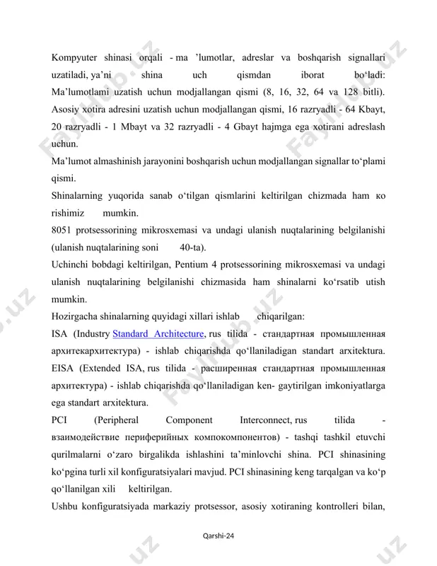 arqalgan va ko‘p qo‘llanilgan xili keltirilgan. ushbu konfiguratsiyada markaziy protsessor, asosiy xotiraning kontrolleri bilan, alohida ajratilgan yuqori tezlikka ega shina orqali bog‘langan, ya’ni bu holatda protsessor va xotira o‘rtasida ma’lumot almashinish pci-shina orqali emas, balki to‘g‘ridan-to‘g‘ri (rus tilida - непосредственно) amalga oshirilgan. yuqori tezlikka ega bo‘lgan tashqi qurilmalar, masalan scsi-disklar pci-shinaga to‘g‘ridan-to‘g‘ri ulangan. pci-shina nisbatan sekin ishlaydigan va avval ishlab chiqarilgan qurilmalarni ulashda qo‘llaniladigan isa-shinasi bilan parallel ulangan. bunday kompyuterlar platalarining pci va isa-shinalarida 3-ta yoki 4- tagacha bo‘sh qoldirilgan ulanish joylari ham bo‘lgan. pci-shinalarining ma’lumotlarni uzatish tezligi, hozirda - 528 mbayt/sek ga yetkazilgan. pentium protsessorlari asosida qurilgan dastlabki kompyuterning arxitekturasi keltirilgan. chizmada tezligi nisbatan kattaroq bo‘lgan shinalar, qalinroq qilib tasvirlangan. monitor ekrani sig‘dira oladigan nuqtalar - piksellar hajmining oshib borishi sababli (1600x1200 nuqta), shinalarning ma’lumotlar almashinish tezliklarini oshirish yo‘llari izlana boshlandi. natijada aynan monitor bilan ishlash uchun mo‘ljallangan - agp (accelerated graphics port, rus tilida - ускоренный графический порт) …