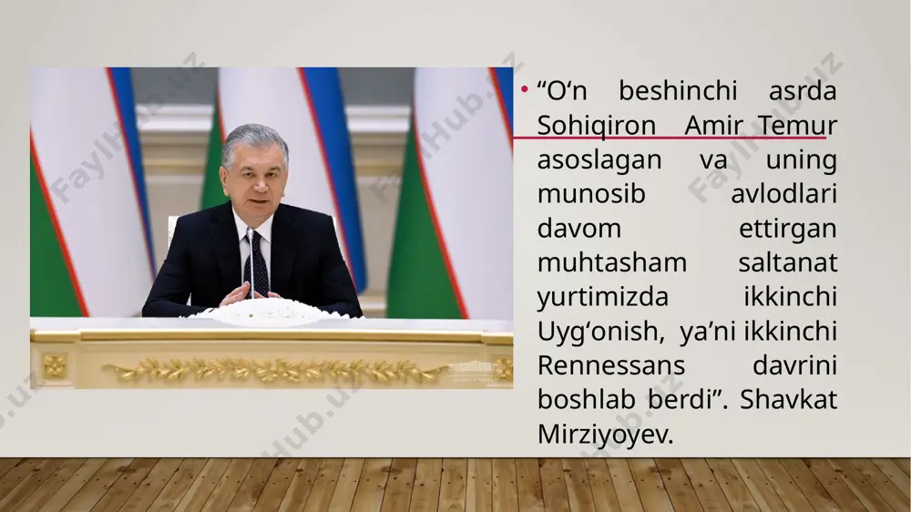 r temur hisoblanadi. amir temur: “dilimning mashriqidan koʻtarilgan birinchi tuzigim har yerda va har qachon islom diniga va muhammad (s.a.v)ning shariatlariga rivoj berish boʻldi”-deb aytib oʻtgan amir temur va temuriylar davrida iqtisodiyot, ilm-fan, san,at-madaniyat gullab-yashnaganini bugungi sinchilar ham tasdiqlaydi va bu davr insoniyat tamaddunidagi ikkinchi renessans deb baholangan. oʻsha davrda sanʼat va adabiyotda xususan meʼmorchilikda katta yutuqlarga erishildi.meʼmorchilikda yetti yuz yildan buyon yetib boʻlmaydigan yutuqlar qoʻlga kiritilgan. masalan, shu davrda foydalanilgan boʻyoqlar tarkibida nimalar borligi shu kungacha aniqlanmagan. bu kabi yutuqlarni tahlil qilgan turkiya prezidenti mustafo kamol otaturk hayratda qolib shunday dedi:”men amir temur zamonida boʻlsaydim, uning qilgan ishlarini bajara olmasdim. u mening zamonimda kelsaydi, qilgan ishlarimdan-da juda koʻp buyuk ishlarni ado etgan boʻlardi”. ispan elchisi rui gonsales de klavixo ham oʻz kundaliklarida amir temurning qurdirgan binolari, sugʻorish inshootlari, bogʻlari haqida va davlat boshqaruvi haqida yozib oʻtadi. ”amir etdimki,-deb yozadi amir temur” tuzuklarda katta-kichik har bir shahar,har bir qishloqda masjid, …