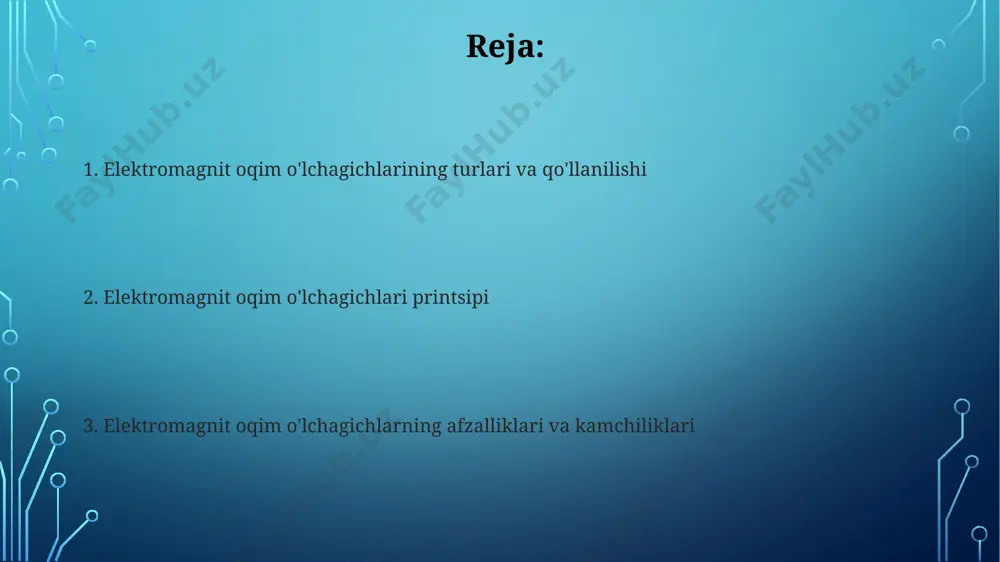 ar bilan taqqoslaganda yuqori aniqlikni ta'minlaydi. elektromagnit oqim o'lchagichlarining asosiy afzalliklaridan biri bu ularning bosim to'siqlarini yaratmasligi, bu esa quvur liniyasining ishlash samaradorligiga ijobiy ta'sir qiladi va 100% to'liq o'tkazuvchanlikni ta'minlaydi. signalni qayta ishlash va kalibrlash kalibrlash jarayoni suyuqlikning ma'lum oqim tezligidagi standart signal bilan solishtirish orqali amalga oshiriladi va ±1% dan oshmasligi kerak. magnit maydonining kuchliligi va o'lchov elektrodlarining joylashuvi aniqligi signalni qayta ishlash sifatiga ta'sir qiladi, odatda ±0.5% dan kam bo'lishi kerak. elektromagnit oqim o'lchagichlari printsipi faraday qonuniga ko'ra, o'tkazuvchan suyuqlik magnit maydoni kesib o'tganda, uning ichida induksiya kuchlanishi hosil bo'ladi, bu kuchlanishning qiymati suyuqlik tezligiga to'g'ridan-to'g'ri proportsional. o'lchash aniqligi elektromagnit oqim o'lchagichlarning dizayni, kalibrlash usuli va 0,1% dan 1% gacha bo'lgan xatolik chegaralariga bog'liq. e'tiboringiz uchun rahmat @taqdimot_robot image3.jpg image4.jpg image5.jpg image6.jpg image7.jpg image8.jpg image9.jpg image2.png