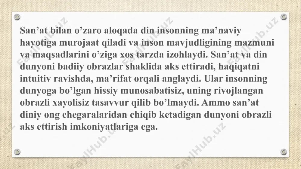 un qadimiy hind madaniyati vujudga keldi va dunyoga mahabxarata va bhagavad gita – hinduizmning axloqiy jihatlari, ichki erkinligi, yaxshilik, yovuzlik va adolat bilan shug’ullanadigan mahabharataning eng mashhur qismlaridan biri bo’ldi. bu erda tanani, ruhini va ruhini amaliy takomillashtirish tizimi sifatida yoga ta’limoti ishlab chiqilmoqda. islom dini islomning paydo bo’lishi. islom dinining paydo bo’lishi va butun dunyoga tarqalishi tarixi to’g’risida birinchi bo’lib alixonto’ra sog’uniy o’z milliy tilimizda “tarixi muhammad” kitobini yozdi1. demokratik jamiyat qurish yo’lida ildam odimlayotgan, barcha din ahllari huquqiy jihatdan teng ko’riladigan, ko’p millatli o’zbekiston xalqining iymon-e’tiqodi mustahkam, mashaqqatlarga chidamli, ma’naviy tarbiyasi yuksak bo’lishida qur’onda nomlari zikr etilgan payg’ambarlar tarixlarining tarbiyaviy ahamiyati beqiyosdir. chunki har bir payg’ambarning tarixi shu payg’ambar o’z ummatiga keltirgan dinning tarixidir. xristian dini xristianlik dini asoschisi iso masihhazrati iyso alayhissalomga 30 yoshida xudo tomonidan injil vahiy qilingan. bu kitobni iyso alayhissalomning 12 shogirdlari-havoriylar payg'ambar vafotidan keyin milodiy i-ii asrlarda yozib kitob holiga keltirganlar. xristianlikning aqidalari, …