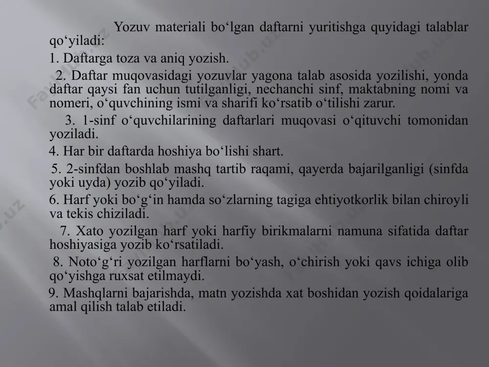 3. bosh va kichik harflarni alohida yozish. 4. harf birikmalarini, bo'g'inni yozish, harfiarni to'g'ri qo'shib yozish malakasini hosil qilish uchun so'z yozish. grafik malakani hosil qilishdan asosiy maqsad, harflarni bosmasdan bir tekisda, elementlarga ajratmay bog'lab, tez, bir maromda yozish, so'zlarni qatorga to'g'ri joylashtirishdir. shuni ta’kidlash kerakki, savod o'rgatish davrida bola harflarni yozishdan oldin uni qanday shakllantirishni ko'z oldiga keltirib, fikrlab oladi, ba’zan harf shaklini havoda „chizadi", harf namunasini ko'chiradi, tarkibini tahlfl qiladi, uni qanday yozishni o'zicha sekin gapiradi; o'qituvchi o'quvchi yoniga o'tirib, ruchkani to'g'ri ushlatadi va uning qo'li bilan harfni yozishni ko'rsatadi yoki o'zi yozib tushuntiradi. bundan tashqari, bola yozuvning texnik tomoniga katta jismoniy kuch sarflaydi. savod o'rgatish oxirida bola bir darsda 20 tacha so'zni yozishi mumkin. orfografiya yunoncha so'z bo'lib, „to'g'ri yozuv" degan ma’noni bildiradi. orfografiya (imlo) adabiy tilning yozma shakli bilan bog'liq bo'lib, to'g'ri yozish haqidagi qoidalar yig'indisidir. orfografiyani bilmay turib, fikrni adabiy til me’yorlari asosida yozma ifodalab …