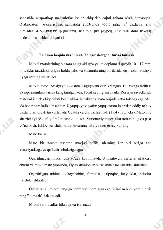 chi eni,mm 1550 bosh valning aylanish soni,min-1 375 to’quv g’altagi o’lchami.mm gard. diametr o’zak diametri gard.oralig’i 500 600 150 to’qima baligi diametri, mm 80 to’qima o’rami diametri, mm 500 shodalar soni o’rtadagi iplari uchun milk iplari uchun 8 2 gabarid o’lchamlar, mm uzunligi kengligi balandligi 2615 1443 1350 to’qimani texnik hisobi to’qimaning texnik hisobi. xomashyo tavsifi to’qimaning texnik hisobi, ma’lumotnomalarda berilgan to’qimaning yoki yangi loyihalanayotgan to’qimaning texnik ko’rsatkichlari asosida bajariladi. xom to’qima enini tanlashda davlat standarti talabi bo’yicha, dastgohning ish enidan to’la foydalanishni nazarda tutish shart. misol: satin farg’ona to’qimasining quyidagi texnik ko’rsatkichlari bo’yicha yangi enli to’qimani texnik hisobini bajarish. berilgan: xom to’qima eni bx, ; tayyor to’qima eni bt, =141.205 sm; tanda ipining chiziqiy zichligi tt=18.5; arqoq ipining chiziqiy zichligi ta=20; tanda iplarining soni 10 sm.da pt,=260 ip; arqoq iplarining soni 10 sm. da pa, 200ip; tanda iplarining qisqarishi % da , 5.5%; arqoq iplarining qisqarishi % da . …