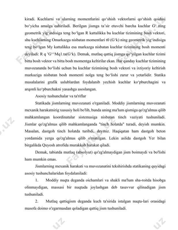 ylashgan deb tasavvur qilinadigan jism tushuniladi. 2. mutlaq qattiqjism deganda kuch ta'sirida istalgan nuqta-lari orasidagi masofa doimo o'zgarmasdan qoladigan qattiq jism tushuniladi. tabiatda mutlaq qattiq jism uchramaydi, har qanday jism ham ozmi-ko'pmi deformatsiyalanib shakli va oichamlarini o'zgartiradi. ko'pinchabu o'zgarishlar jismning o'lchamlariga nisbatan juda kichik bo'lganligi sababli, mexanik harakatni yoki muvozanatni o'rganishda ular e'tiborga olinmaydi. 3. jismlar o'zaro ta'sirining miqdor oichovi kuch deyiladi. kuchlar turli xil ko'rinishda namoyon bo'ladi: og'irlik 4. kuchi, inersiya kuchi, elektrlangan va magnitlangan jismlarning tortishish yoki itarishish kuchlari, ishqalanish kuchlari, bi-ror jismni bir joydan boshqa joyga ko'chirish, uni ko'tarish, tezligini o'zgartirish uchun zarur bo'lgan kuchlar va h. kuch yo'nalishi, moduli (son qiyraati) va qo’yilish nuqtasi bilan tavsiflanuvchi vektor kattalikdir (1.1-shakl). kuch yotgan kl to'g'ri chiziq kuchning ta'sir chizig'i deyiladi. xalqaro birliklar sistemasi (si)da kuch birligi qilib nyuton, qisqacha n qabul qilingan (1-ilova). 4. jismga qo'yilgan kuchlar to'plami kuchlar tizimi deyiladi. jismga qo'yilgan kuchlar tizimi ko'rsatadigan ta'sirni boshqa …
