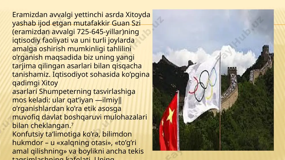 mat qiladi» asarda barqaror iqtisodiy rivojlanishning zarurligi to’g’risida aniq fikr yuritiladi va qayerda nonning narxi tartiblanib turilsa, o’sha yerda tinchlik, osoyishtalik bo’ladi, deb qayd etiladi. iqtisodiyotni tartibga solib turish uchun asar mualliflari davlatning don zaxiralarini tashkil etishni, yer egalariga imtiyozli kredit berishni, temir va tuzga bo’lgan to’g’ri soliqlarni egri soliqlar bilan almashtirish, ya‘ni ulardan foydalanib ishlab chiqariladigan tovarlarga bo’lgan soliqni kengay- tirishni tavsiya etadilar. «guyan-szi» mualliflari «davlatni boy, xalqni mamnun» holda ko’rishni xohlaganlar. asarda yer va suvlarni davlat ixtiyoriga o’tkazish, ulardan daromad olish yo’lida foydalanish, baholarni tartibga solish va boshqa hozirgi kunda ham e‘tiborga molik iqtisodiy g’oyalar ilgari surilgan. 2.mavzu : ix-iv asrlarda o'rta osiyodagi iqtisodiy fiklar. xix asr o'rtalaridagi namoyondalar seniyor bastiya mak-kulloh va kerilarning iqtisodiy qarashlari reja: 1.vilyam senior va"tiyilish"nazariyasi . 2.fransiyalik iqtisodchi bastia qarashlari. 3.genri keri nazariyasi. 4.klassik maktabning so'ngi vakillaridan biri mak-killax fikrlari.klassik maktab g'oyalarini boyitishga angllyada n . senior, fransiyada f.bastia, klassik maktab g'oyalarini boyitishga …