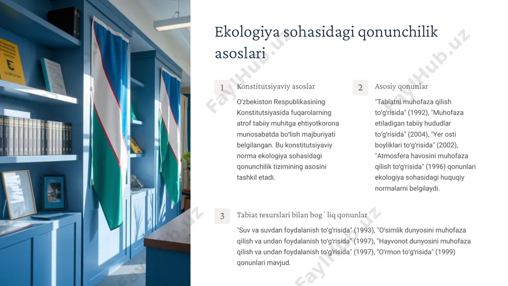 larini bartaraf qilish choralarini koʻrmaslik, atrof tabiiy muhitni ifloslantirish jinoyat hisoblanadi. tabiiy resurslar bilan bogʻliq jinoyatlar yer, yer osti boyliklaridan foydalanish shartlarini yoki ularni muhofaza qilish talablarini buzish, ekinzor, oʻrmon yoki boshqa daraxtlarga shikast yetkazish yoki ularni nobud qilish jinoyat hisoblanadi. ekologik jinoyatlarning turlari 1 oʻsimliklar bilan bogʻliq jinoyatlar oʻsimliklar kasalliklari yoki zararkunandalariga qarshi kurash talablarini buzish, ekinzor, oʻrmon yoki boshqa daraxtlarga shikast yetkazish yoki ularni nobud qilish ekologik jinoyat hisoblanadi. 2 hayvonot dunyosi bilan bogʻliq jinoyatlar veterinariya yoki zootexnika qoidalarini buzish, hayvonot dunyosidan foydalanish tartibini buzish, qonunga xilof ravishda ov qilish, baliq ovlash qoidalarini buzish ekologik jinoyat hisoblanadi. 3 kimyoviy moddalar bilan bogʻliq jinoyatlar zararli kimyoviy moddalar bilan muomalada boʻlish qoidalarini buzish, sanoat yoki qishloq xoʻjaligi ishlab chiqarish chiqindilari bilan atrof muhitni ifloslantirish ekologik jinoyat hisoblanadi. 4 suv resurslari bilan bogʻliq jinoyatlar suv yoki suv havzalaridan foydalanish shartlarini buzish, suv havzalarini ifloslantirish, suv xoʻjaligi inshootlariga zarar yetkazish ekologik jinoyat …