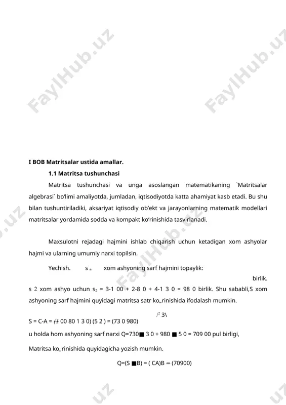 k matritsa deb ataladi. ( a = ) ( f 0 -5 ) ( 5 -2^ 0 3 )masalan, 1.2. matritsalar ustida amallar. o‘lchamlari aynan teng bo‘lgan matritsalar ustidagina algebraik qo‘shish amali bajariladi. o‘lchamlari aynan teng bo‘lgan a va b matritsalarni qo‘shish uchun, ularning mos elementlari qo‘shiladi: au + bu a12 + b12 • •• av + к• • a1n + b1n л a21 +b21 a22 + b22 • •• a2j + b2 j • • a2 n + b2n a + b = c = aa+ ba a2+ ^2 • •• aj + bj • • ai n + bn vam1 + bm1 am2 + bm2 • •• amj + ьщ• • a + b mn mn j shuningdek, ikkita matritsa ayirmasi, ya’ni a - b = c ham xuddi shunday topiladi: ' a11 - b11 a12 b12 • .. a1j - b1j • .. a1n - bn 3 …