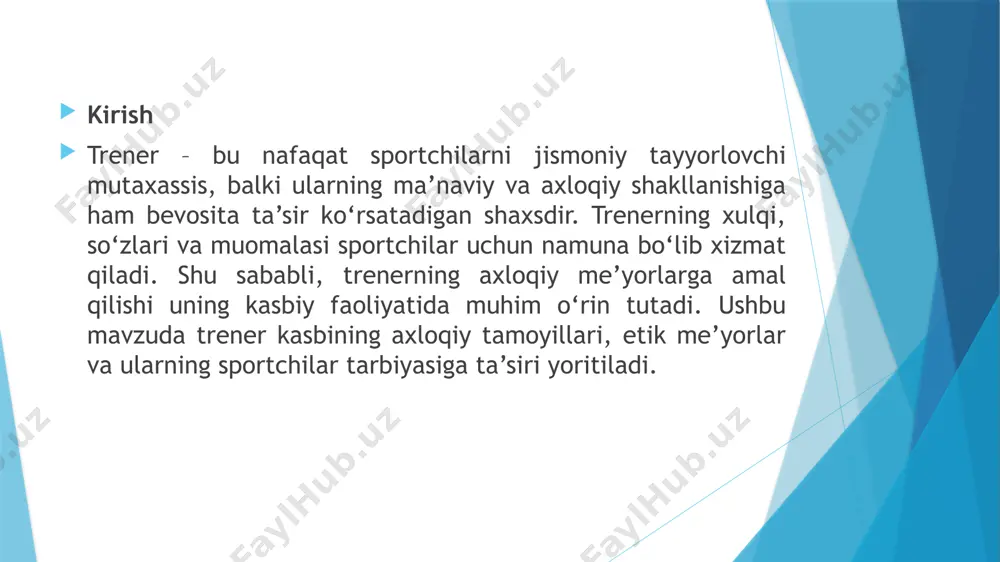 – musobaqalardagi taktika va strategiyalarni ishlab chiqish sportchilarni ruhiy jihatdan tayyorlash – motivatsiya berish va ishonch uyg‘otish – stress, qo‘rquv va asabiylikni yengish bo‘yicha psixologik yordam tarbiyaviy ishlar olib borish – intizom, hurmat, jamoada ishlash kabi fazilatlarni rivojlantirish – sportchining shaxs sifatida kamol topishiga ko‘maklashish tibbiy va sog‘liqni saqlash masalalariga e’tibor qaratish – ortiqcha yuklamalardan saqlash, to‘g‘ri ovqatlanish va dam olishga rioya qilishni nazorat qilish ota-onalar, murabbiylar va boshqa mutaxassislar bilan hamkorlik qilish – sportchining rivojlanishi uchun zarur bo‘lgan muhitni yaratish tarbiyaviy va ijtimoiy ta’siri trenerning faoliyati sportchilarni jismoniy tayyorlash bilan birga, ularning ma’naviy va axloqiy jihatdan shakllanishiga ham katta ta’sir ko‘rsatadi. trener sportchiga faqat ustoz emas, balki hayotiy maslahatchi, ruhiy ko‘makchi va namuna bo‘luvchi shaxs sifatida qaraladi. u yosh sportchilarga mehnatsevarlik, intizom, hurmat, mas’uliyat kabi fazilatlarni singdiradi. trener tomonidan berilgan tarbiya sportchining faqat sportdagi emas, balki kundalik hayotidagi xatti-harakatlariga ham ijobiy ta’sir ko‘rsatadi. sportchilar ijtimoiy faol, sog‘lom turmush tarzini …