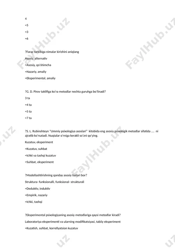 ingan qiymat 0,1 ga teng bo’lganda =olingan qiymatlar soni 3 ga bo’linganda =0 dan past son chiqqanda ?farq qilish chegarasi qaysi metod yordamida o’rganiladi? minimal qo’zg’atuvchilar metodi =chegara metodi =doimiy o’zgaruvchilar metodi =«ha» yoki «yo’q» metodi ?xotirani eksperimental o’rganishga bag’ishlangan tajribalar olib borgan olimni aniqlang. g.ebbingauz =a. a. smirnov =a. n. leont’yev; =e. veber ?… “uzinasiga kesim” degan man’noni anglatadalashigan metod longityud =kopleks =qiyoslash =donalash ?bog’liq bo’lmagan o’zgaruvchini boshqa omillarga nisbatan bog’liq o’zgaruvchiga ta’siri me’yorini ifoda etuvchi validlik bu ... nuqtalar o’rniga kerakli so’zni qo’ying. ichki validlik =tashqi validlik =me’yoriy validlik =konstruktiv validlik ?nutqiy assosiativ bog’lanishlarni o’rganishga qaratilgan «erkin assosiativ eksperiment» metodining asoschisi kim? k. yung =a. a. smirnov =a. n. leont’yev; =e. veber ?k.k.platonovning «shaxs xaritasi» metodikasi necha qismdan iborat? 7 =6 =8 =5 ?psixodiagnostika psixologiyaning qanday sohasi? ilmiy va amaliy psixologiya sohasi =amaliy psixolog faoliyatining yo’nalishi =umumiy psixologiyaning tarkibiy qismi =psixologik bilimlarning mustaqil sohasi ?qaysi diagnozda sinaluvchi shaxs …
