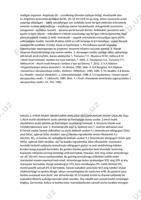 намунаси суд кимѐ лабораторияларига юборилиши шарт. биологик объект солинган банка яхшилаб беркитилиб, сўрғучли мухр босилиб, банкадаги этикеткага мурдани исми, фамилияси, туғилган йили банкадаги аъзо номи, юборилган суд тиббий экспертизаси акт номери, банкани тартиб номери ѐзилиб суд кимѐ лобараториясига юборилади. суд кимѐ лабораторияга биообъект билан бир қаторда суд тиббий экспертининг йўлланмаси ѐки суд тергов ташкилотларини экспертиза олиб бориш тўғрисидаги қарори юборилади республика ишлаб чиқариш корхоналари чиқиндилари ва уларнинг экологик муҳитга таъсири мамлакатимизда атроф-муҳитни муҳофаза қилишни таъминлаш, табиий ресурслардан оқилона фойдаланиш, шунингдек, ҳудудларнинг санитария ва экологик ҳолатини яхшилаш, чиқиндилар билан ишларни ривожлантириш мақсадида, давлат экология қўмитасига юклатилган вазифаларни амалга ошириш доирасида бир қатор ишлар олиб борилмоқда. жумладан, тошкент вилояти республикада саноатлашган ҳудуд ҳисобланиб, бу вилоятда экологик ҳолат устидан давлат назоратини ҳамда атроф муҳитни ифлослантирувчи манбаларда мониторинг кузатувларини мунтазам олиб бориш талаб этилади, ҳамда давлат экология қўмитаси олдида турган муҳим масалалардан бири ҳисобланади. ҳозирги кунда, вилоят ҳудудида 1.932 та объектлар фаолият юритиб, улардан …