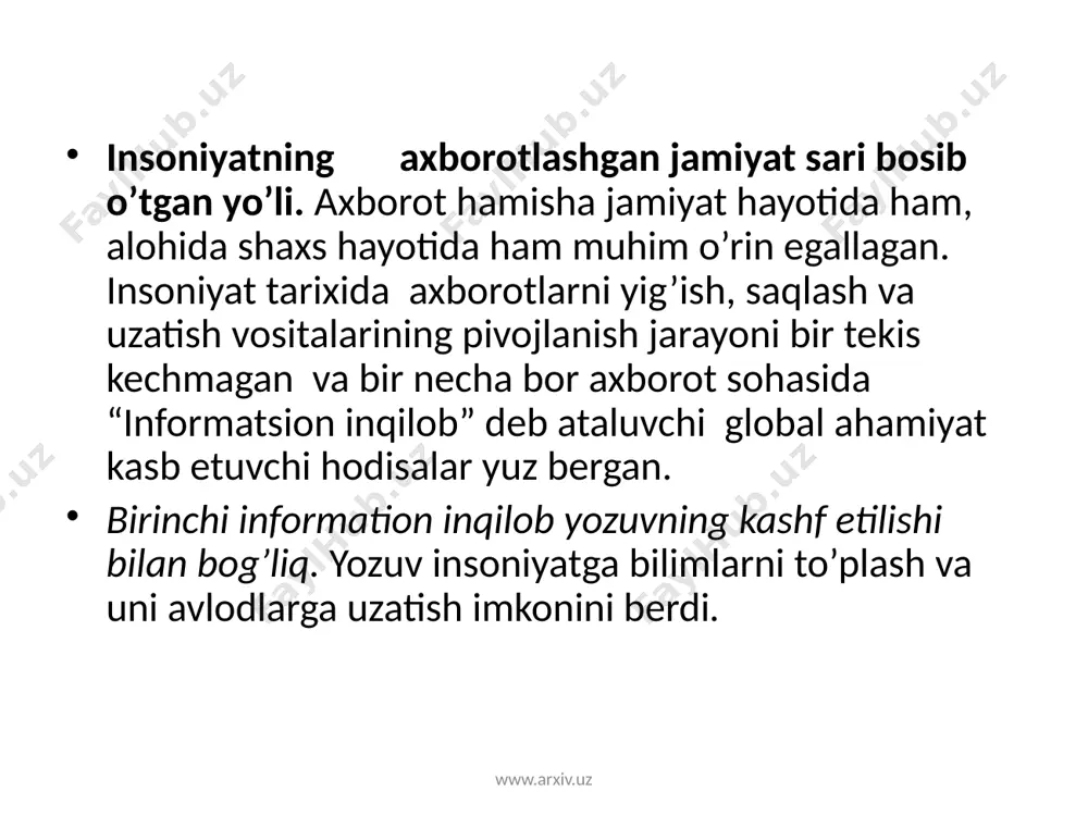 ri,ilmiy maqolalar va hokazo) axborot texnologiyalari, kompyuter dasturlari; axborot tizimlari, berilganlar bazalari turli xil ma’lumotlar. har qanday bozor kabi axborot bozorida ham xaridorlar va sotuvchilar mavjud bo’ladi.axborot egalari yoki axborot ishlab chiqaruvchilarga quyidagilarni kiritish mumkin: berilganlar bazalarini yaratuvchi va saqlovchi markazlar; aoqa va telekommuniktsiya vositalari; maishiy xizmatlar; axborotlar bilan savdo qiluvchi tijorat firmalari konsultativ firmalar; birjalar; www.arxiv.uz axborot iste’molchilari – jismoniy shaxslar, tashkilotlar, [ukumat organlari va hokazo. axborot xizmatlari – axborot bozoridagi alohida tovar turi bo’lib hisoblanadi. masalan, kutubxona xizmatchilari tomonidan mijozlar buyurtmsi bo’yicha konkret mavzudagi adabiyot yoki boshqa turdagi materialni to’plash kabi xizmatlar. axborot xizmatlarini faqat kutubxonalargina ko’rsatmaydilar.ko’pgina davlatlarda turli bilin sohalari bo’yicha ilmiy-texnikaviy axborotlarni qayta ishlovchi institutlar mavjud bo’lib, to’plangan ma’lumotlar bo’yicha obzorlar, referatlar, ma’lumotnomalar tayyorlaydilar.biznes sohasidagi axborot xizmatlariga ma’lum mavzu bo’yicha axborotlarni taqdim etish, konkret masala bo’yicha maslahat berish va boshqalatr kiradi.kommunukatsiya sohasida aloqa operatorlari, internet provayderlar xizmat ko’rsatadi. www.arxiv.uz www.arxiv.uz www.arxiv.uz 16 foydalangan adabiyotlar 1. симонович …