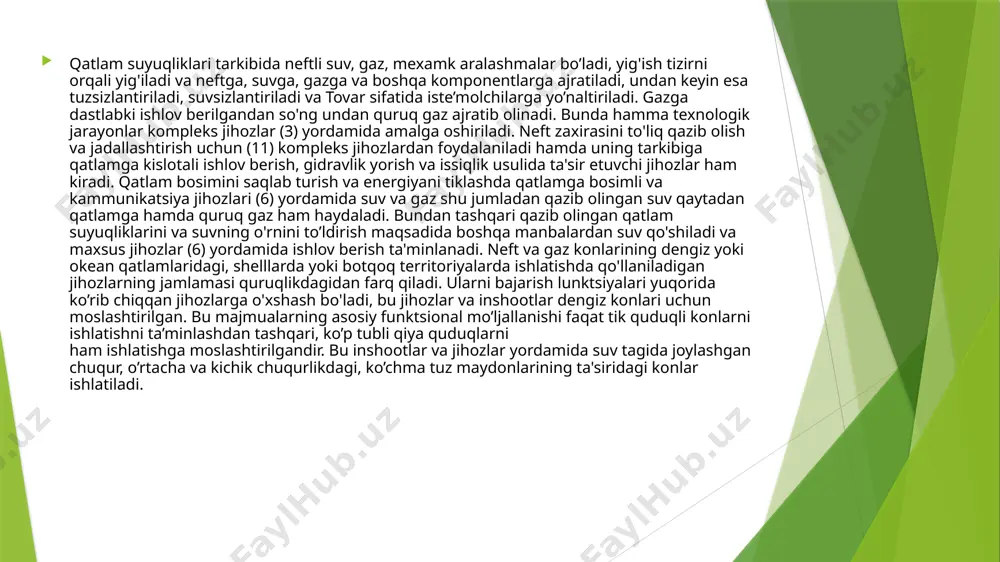 oblanadi, ularning umumiy yig'indisi quduqlarning ishlatish fondini taqdim qiladi, bahosi zamonaviy konlarning texnik jihozlanishining umumiy70-80 % ni tashkil qiladi, bunday quduqlarning profili quduqlarning qazish texnologiyasini talabidan va ishlatish usulidan kelib chiqib har xil bo’ladi. neft va gaz qazib olishni jadallashtirish maqsadi quduqlar mahsuldor qatlamning ichiga gorizontal yo'nalishda burg'ilab kiriladi. gorizontal quduqlarni burg'ilash texnologiyasi murakkab va narxining baland bo’lishiga qaramasdan qazib olish debitining yuqoriligi tufayli iqtisodiy samaradorligi yuqoridir. quduqlarning profillari 2.1-rasmda ko'rsatilgan 2.1-rasm, a-tik, b-qiya quduq tubi tiklikdan bir oz egilgan. 2.1-rasm, b-dan kurinib turibdiki u uchta uchastkadan tashkil topgan -tik, o'tish, maksimal zenit o’tish burchakka mos keladi va quduq tubigacha qiya to'g'ri yo'naltirilgan mahsuldor qatlamning drenajlashishini yaxshilash uchun quduqning tik qismidan qatlamga bir necha quduqlar burg'ilanadi,bunday quduqlarga ko'p tubli (yoki stvolli) quduqlar deyiladi. ishlatish quduqning tartibli sxemasi va uning jihozlari 2.2-rasmda ko’rsatilgan. quduq uchta asosiy uchastkalardan tashkiltopgan - yer usti, stvol va filtr va har biri mos ravishda jihozlar bilan …