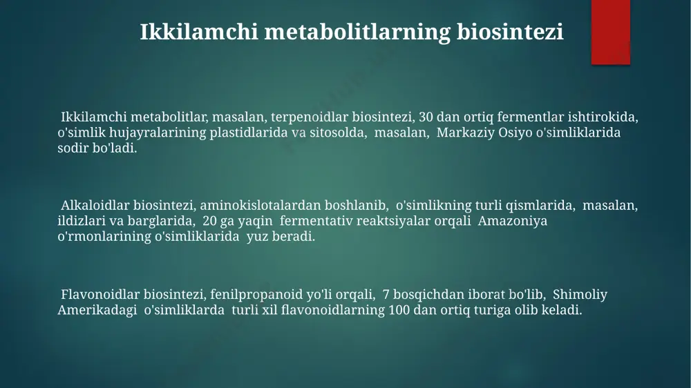 di. terpenoidlar va fenollar fenollar, jumladan, flavonoidlar va taninlar, o'simliklarning stressga qarshiligi va himoyalanish mexanizmlarida muhim rol o'ynaydi, masalan, 20 dan ortiq antioksidant xususiyatiga ega bo'lgan 5-hidroksitriptofan hindistonda keng tarqalgan. terpenoidlar, 30000 dan ortiq turdagi tabiiy mahsulotlarni o'z ichiga olgan katta guruh bo'lib, ularning ko'plari o'zbekistonning tog'li hududlarida o'sadigan o'simliklarda uchraydi va farmatsevtika sanoatida qo'llaniladi. terpenoid va fenollar biosintezi, ko'plab fermentlarni va 7 dan ortiq genlarni o'z ichiga olgan murakkab jarayon bo'lib, ularning bioaktiv birikmalar sifatida tibbiyotda qo'llanilishi 15-asrga borib taqaladi. e'tiboringiz uchun rahmat @taqdimot_robot image1.png image2.png image3.png image4.png image5.png image6.png image7.png image8.png image9.png image10.png