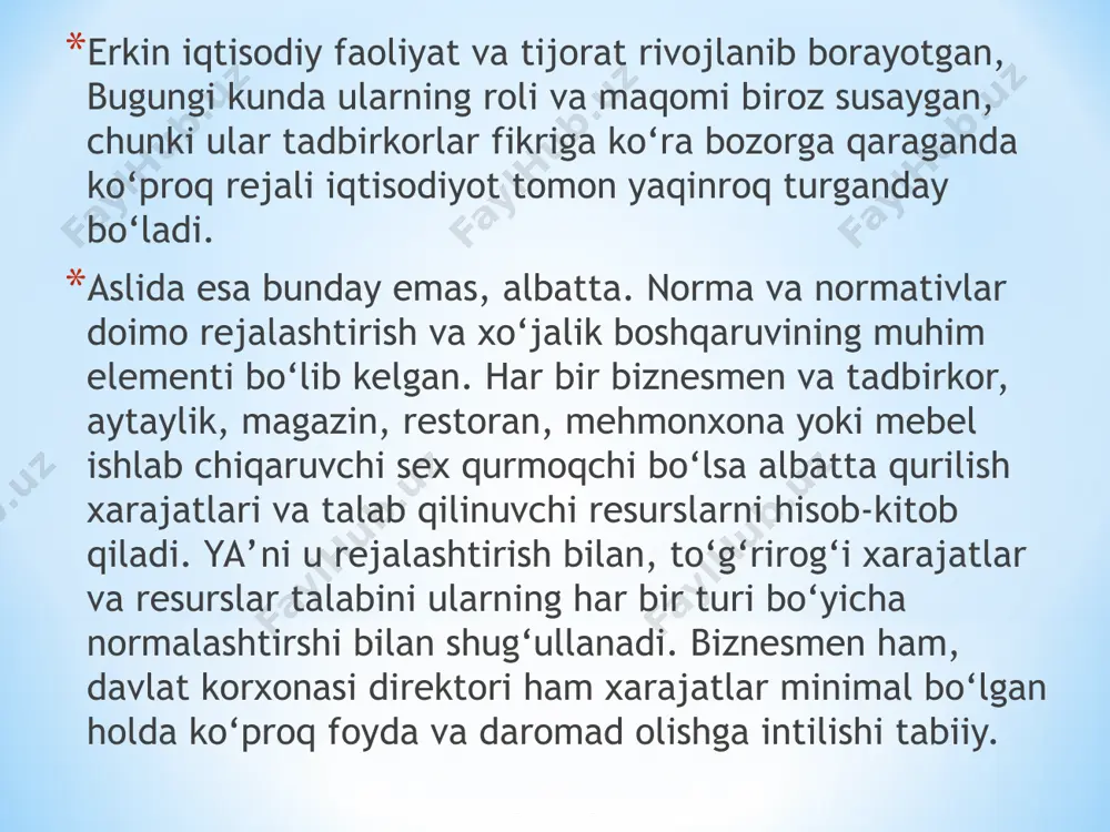gan norma yordamida mahsulot, bizning holatda palto ishlab chiqarish bilan bog‘liq barcha xarajatalr tartibga solib boriladi. agar mahsulot birligiga to‘g‘ri keluvchi xarajatlarni jami chiqarilgan mahsulotlar soniga ko‘paytirsak, korxonaning mazkur turdagi mahsulot ishlab chiqarish bilan bog‘liq umumiy xarajatlarini aniqlashimiz mumkin bo‘ladi. normativ bu nisbiy ko‘rsatkich bo‘lib, absolyut kattalikni emas, balki ishlab chiqarish resurslaridan foydalanishning belgilangan o‘lchamini, mahsulot tavsifnomasi yoki tashkiliy-iqtisodiy hatti-harakatlarni aks ettiradi. norma va normativlar amaliyotda quyidagi asosiy guruhlar bo‘yicha ishlab chiqiladi: tirik mehnat sarfi normasi; moddiy xarajatlar normasi; vaqt normasi (asosiy, qo‘shimcha va hokazo); mashina, asbob-uskuna va ishlab chiqarish quvvatlaridan foydalanish normasi; ishlab chiqarish jarayonini tashkil qilish normativlari; atrof-muhitni muhofaza qilish normativlari; kapital qo‘yilmalar samaradorligi normasi; loyihadagi quvvatlarni o‘zlashtirish normasi; aylanma vositalar, ishlab chiqarish zahiralar nomasi va hokazolar. qisqacha xulosalar buyruqbozlik asosidagi boshqaruv, markazlashgan rejalashtirish, turli ko‘rsatmalar, nazorat raqamlari va limitlarning mavjudligi ayrim olim va mutaxassislar nazarida bozorning rejalashtirish bilan mos kelmasligi haqida fikr uyg‘otishiga sabab bo‘ldi. hattoki bozor …