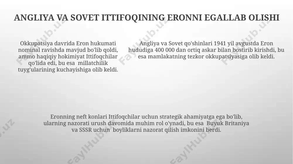 bu mamlakat iqtisodiyotining keskin pasayishiga olib keldi. eronning urushdan keyingi tiklanishi ikkinchi jahon urushidan keyin eron iqtisodiyoti 1940-yillar oxiriga kelib, yalpi ichki mahsulotining taxminan 20% ga pasayganini hisobga olgan holda, asta-sekin tiklana boshladi. urushdan keyingi yillarda eronning neft sanoati, jahon bozorida talabning oshishi tufayli, tezyurar tiklanishni boshdan kechirdi, bu esa mamlakat byudjetiga katta miqdorda valyuta oqimini ta'minladi. urushdan keyingi yillarda eronning neft sanoati, jahon bozorida talabning oshishi tufayli, tezyurar tiklanishni boshdan kechirdi, bu esa mamlakat byudjetiga katta miqdorda valyuta oqimini ta'minladi. eronning neytrallik siyosati ikkinchi jahon urushi davrida eronning neytrallashga urinishi, asosan, buyuk britaniya va sovet ittifoqi o‘rtasidagi kuchli ta’sirga qarshi turishga qaratilgan bo‘lib, ularning harbiy kuchlari eron hududida joylashgan edi. eron hukumati 1941-yil avgustda germaniya bilan diplomatik munosabatlarni uzgan bo‘lsa-da, mamlakatning geografik joylashuvi tufayli to‘liq neytral qolish imkoniyati cheklangan edi. taxminan 4000 dan ortiq nemis harbiy asirlari eron hududida saqlanilgan bo‘lib, bu eronning ikkinchi jahon urushida neytralligini saqlashga qaratilgan …