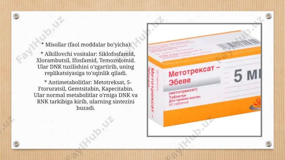 ngan. ba'zilari profilaktik (masalan, hpv vaksinasi bachadon bo'yni saratonining oldini olish uchun), ba'zilari davolovchi (masalan, sipuleucel-t prostata saratoni uchun). * onkolitik viruslar: genetik jihatdan o'zgartirilgan viruslar bo'lib, ular saraton hujayralarini yuqtiradi va yo'q qiladi, shu bilan birga immun javobni ham rag'batlantiradi. masalan, talimogene laherparepvec (t-vec, imlygic) melanoma uchun. * qo'llanilishi: melanoma, o'pka saratoni, buyrak saratoni, qovuq saratoni, limfomalar va boshqa bir qator saraton turlarida samarali. * asosiy nojo'ya ta'sirlari: charchoq, teri toshmalari, qichishish, isitma, diareya. ba'zida immun tizimining sog'lom to'qimalarga hujum qilishi (autoimmun reaksiyalar) mumkin, bu jiddiy bo'lishi mumkin (pnevmonit, kolit, gepatit, endokrinopatiyalar). gormonoterapiya preparatlari: ba'zi saraton turlari o'sishi uchun gormonlarga bog'liq bo'ladi (masalan, ko'krak bezi va prostata bezi saratoni). gormonoterapiya bu gormonlarning ishlab chiqarilishini to'xtatadi yoki ularning saraton hujayralariga ta'sirini bloklaydi. * mexanizmi: gormonlar retseptorlarini bloklaydi yoki gormonlar sintezini kamaytiradi. * misollar: * ko'krak bezi saratoni uchun: * tamoksifen: estrogen retseptorlarini bloklaydi. * aromataza ingibitorlari (anastrazol, letrozol, eksemestan): postmenopauzadagi …