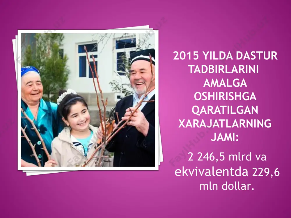 nevaralari buning hali juda yosh deb hisoblashadi. 12 ta 18 ta 9. nevaralariga tarbiyachisi bilan birga bog’cha maydonidagi axlatlarni yig’ishtirishga to’g’ri kelib qolsa, ular qanday munosabat bildiradilar? g’ayrat qilib ishlashni maslahat beradilar. 7 ta 4 ta bog’cha maydonini tozalash ularning ishi emas deb xar-xasha qilishadi 19 ta 10 ta bu masalani umuman muhokama qilishmaydi. 6 ta 18 ta 10. nevara qandaydir gunoh ish qilib qo’ydi. bunga bobo yoki buvi qanday munosabat bildirishadi.? urishib berishadi. 4 ta 10 ta biror shirinlik yoki ularning sevimli mashg’ulotidan mahrum qilish orqali jazolashadi. 19 ta 13 ta nevaralarini oqlaydilar. 9 ta 9 ta umumiy ishtirokchilar soni: 32 nafar 13 e’tiborongiz rahmat! “соғлом ва баркамол авлодни тарбиялашда бобо ва бувиларнинг ўрни” мавзуидаги ота-оналар ўқуви куйидаги мулохазаларнинг кай бирини маъкуллайсиз? нуктаи назар катталарнинг кўмаги оила тарбияси самарадорлигига ижобий таъсир кўрсатади ота-оналар болаларини ўзлари тарбиялашлари керак, чунки катталар ҳар доим ҳам болага ижобий таъсир кўрсатмайдилар оилада неваралар тарбиясида …
