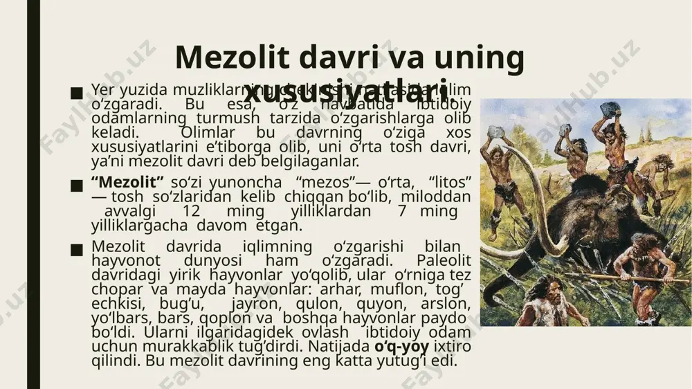 i vujudga keladi. o‘rta mezolit davri yodgorliklarining yana bir xususiyati qayroqtoshlardan yasalgan qurol va qirg’ichlarning borligidir. so‘nggi mezolit davrida mehnat qurollarining ko‘pchilik turlari maydalashgan. qalamsimon mitti o‘zaklar soni ko‘paygan. tosh bigiz paydo bo‘lgan. ikkala uchli tomonlari yo‘nilgan shakldagi paraqalar va mikroparaqalar soni ko‘payadi. bu davr yodgorliklarida qurollarni yasash texnikasi murakkablasha boradi. davrlashtirish ilk mezolit bosqichi miloddan avvalgi xi—x ming yilliklarni o‘z ichiga oladi. ko‘shilish madaniyatida o‘z aksini topgan. o‘rta mezolit bosqichi miloddan avvalgi ix—viii ming yilliklar bo‘lib, obishir madaniyatida o‘z aksini topgan. so‘nggi mezolit bosqichi miloddan avvalgi vii—vi ming yilliklar bo‘lib, machay madaniyatida o‘z aksini topgan. o‘zbekistondagi mezolit davri yodgorliklarida prizma, konus, pona shakllaridagi nukleuslar topilgan. tosh paraqalari bir tomonlama kertma tarzda o‘tkirlangan. qirg’ich qurollari tosh uchrindilardan va parchalaridan ishlangan. shuningdek, tog’li hududlarda nukleuslar qayroqtoshlardan bo‘lgan. toshkentning g’arbida qadimgi bo‘zsuv anhorining chap sohilidan topilgan. u yerdan nukleuslar, mayda paraqachalar, qirg’ichlar va hech bir makonda uchramaydigan uchburchak shaklidagi qurollar topilgan. qo‘shilishning …