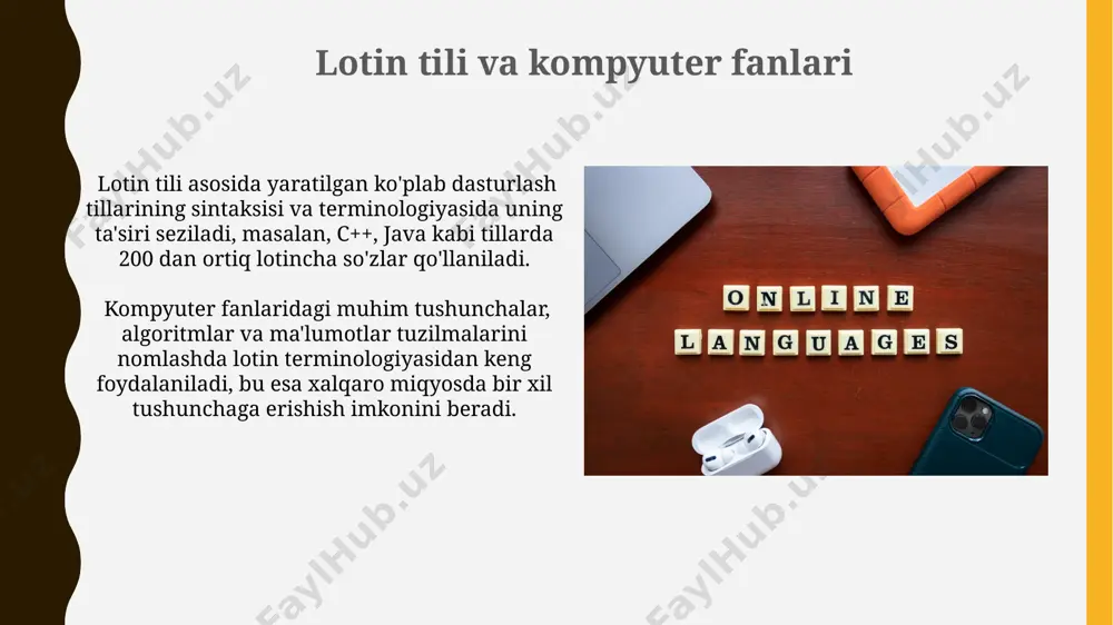 nologiyaning asosi boʻlib, xalqaro hamkorlikni mustahkamlashda muhim rol oʻynaydi. rim imperiyasi va lotin tili rim imperiyasining qulashiga qaramay, lotin tili cherkov tili sifatida saqlanib qolgan va oʻrta asrlardagi taʼlim tizimida muhim rol oʻynagan, shu tariqa uning taʼsiri ming yillar davom etgan. rim imperiyasi davrida lotin tili rasmiy davlat tili boʻlib, taxminan 60 million kishi tomonidan gaplashilgan, bu imperiyaning kengayishi va siyosiy taʼsirining koʻrsatkichidir. lotin tilidan kelib chiqqan tillar (roman tillari) roman tillar oilasi 5 ta asosiy guruhga bo'linadi: italiya, ispan, fransuz, portugaliy va rumin tillari guruhlari. har bir guruh o'z ichiga ko'plab dialekt va shevalarni oladi. lotin tilidan kelib chiqqan roman tillari dunyo aholisining taxminan 1 milliarddan ortiq kishisini o'z ichiga oladi, bu butun jahon aholisining deyarli yettinchi qismidir. zamonaviy dunyoda lotin tilining ahamiyati taxminan 20% ingliz tili lugʻati lotin kelib chiqishli boʻlib, bu esa lotin tilining zamonaviy til evolyutsiyasiga va global aloqalarga kuchli ta’sirini koʻrsatadi. klassik adabiyot va falsafa …