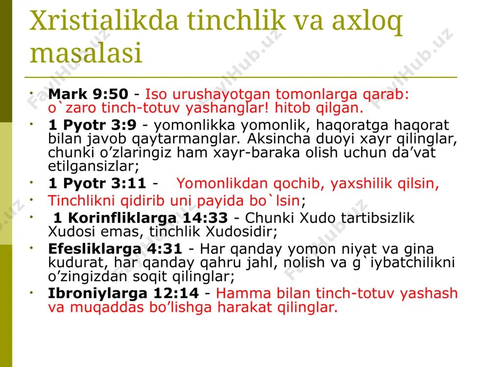 noiy hatti-harakatlar» sifatida ta'riflangan. fundamentalizm – (lotincha – «asos») ma'lum din vujudga kelgan ilk davriga qaytish va bu yoʻl bilan zamonaning barcha muammolarini hal qilish mumkin degan fikrni ilgari surish ta'limotini anglatadi. diniy fundamentalizm – aqidaning oʻzgarmasligini himoya qiladigan, ularning har qanday majoziy talqiniga murosasiz, soʻzma-soʻz talqinga asoslangan e'tiqodni aqlga tayangan mantiqiy dalillardan ustun qoʻyadigan, muayyan diniy e'tiqod shakllanishining boshlangʻich davrida belgilangan barcha yoʻl-yoʻriqlarni qat'iy va ogʻishmay bajarilishini talab qiladigan diniy oqimlarni ifodalashda qoʻllaniladigan istilohdir. terrorizm – (lotincha – «qoʻrqitish», «vahimaga solish») – aholining keng qatlamlarida vahima va qoʻrquv uygʻotish, jamiyatda beqarorlik keltirib chiqarish orqali davlat hokimiyatini egallash maqsadiga qaratilgan jinoiy faoliyatdir. xalqaro terrorizm tushunchasi davlatlar, xalqaro tashkilotlar, siyosiy partiya va harakatlarni beqarorlashtirishga qaratilgan siyosiy qoʻporuvchilik faoliyatini ifodalaydi. u eng ogʻir jinoyat boʻlib, uzoq davom etgan jarayonlarning hosilasi hisoblanadi. islom niqobidagi ekstremizmning gʻoyaviy ildizlari: «хорижийлар» «азрақийлар» «қарматийлар» «ҳашшошийлар» «салафийлар» «замонавий кўринишдаги оқимлар» * markaziy osiyoda faoliyati kuzatilgan diniy-ekstremistik guruhlar 2018 …