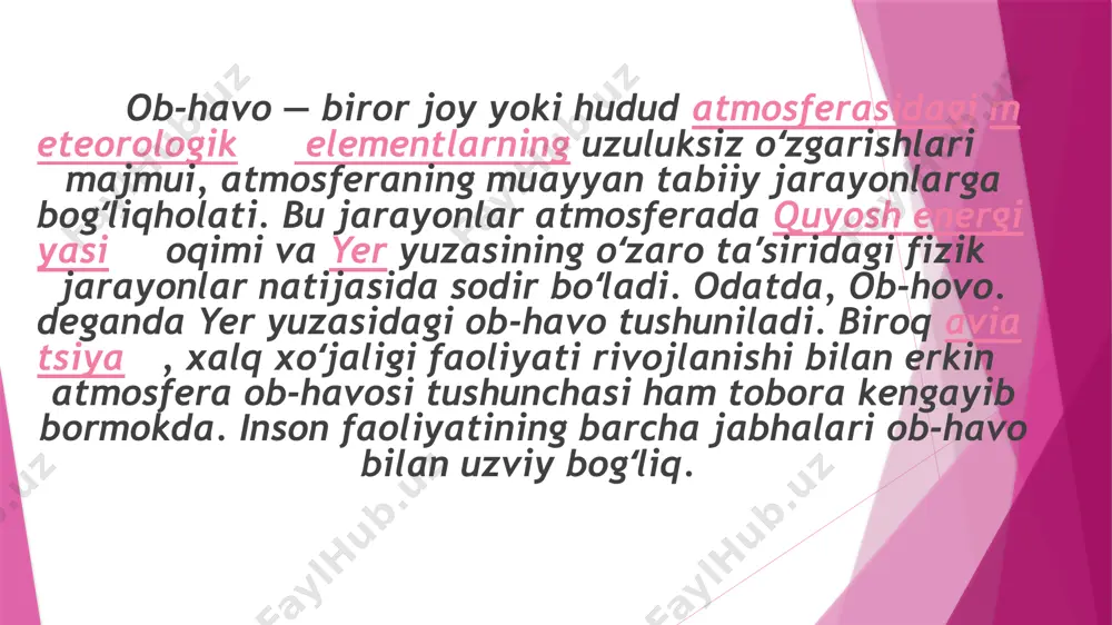 kirishiga yo‘l qo‘ymang, aks holda portlash sodir bo‘lishi mumkin; • yonuvchan suyuqliklarni (benzin, kerosin va boshqalar), shuningdek, elektr energiyasiga ulangan yonib turgan elektrjihozlarni suv bilan o‘chirmang. temperatura (lot. temperatura — zarur siljish, oʻlchamdorlik, normal holat) — makroskopik tizimning termodinamik muvozanat holatini xarakterlovchi asosiy parametrlardan biri. termodinamik muvozanat holatida turgan tizimning barcha qismlarining temperaturasi bir xil boʻladi. agar tizim muvozanat holatdan chiqarilsa, uning issiqroq qismlaridan sovuqroq qismlariga issiqlik uzatilishi natijasida maʼlum vaqtdan soʻng tizimning hamma qismlarida temperaturaning tenglashishi vujudga kelib, termodinamik muvozanat holatiga qaytadi. qadimda «harorat», tanasi issiqroq odamlarda boshqa odamlarga nisbatan, ko'proq o'ziga xos xususiyatga — teplorodga ega deb tushunilgan. shuning uchun harorat deganda kuchli tananing o'ziga xos xususiyati va teplorod tushunilgan. shundan kelib chiqib spirtli ichimliklarning quvvati va harorat, bir xil — graduslarda o'lchanadi. e’tiboringiz uchun rahmat image1.jpg image2.jpg image3.jpg /docprops/thumbnail.jpeg