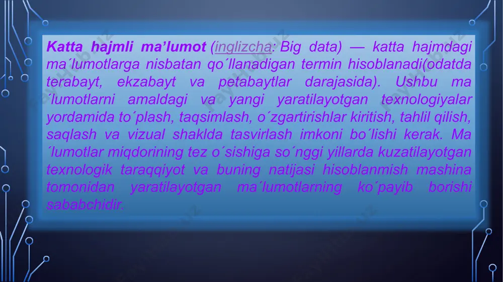 sh, xatarlarni baholash, iste'molchilarning xohish-istaklarini shakllantirish va h.k «big data» – bu juda tez sur’atlarda o‘sib borayotgan katta hajmdagi tizimli va tizimsiz raqamli ma’lumotlar to‘plami. «big data» biznes jarayonlarini optimallashtirish va avtomatlashtirish, to‘plangan ma’lumotlarga asoslangan eng samarali qarorlarni qabul qilinishini ta’minlash maqsadida axborotni saqlash va qayta ishlashning innovatsion usullarini o‘z ichiga oladi. «katta ma’lumotlar» tushunchasi o‘zi nisbatan yangi bo‘lsa-da, aslida uning kelib chiqishi birinchi ma’lumotlar markazlari va relyasion ma’lumotlar bazalarini ishlab chiqish boshlangan 1960-1970-yillarga to‘g‘ri keladi. big data asosiy tamoyillari - landshaft kengaytirilishi - ma'lumotlar massivlari juda katta bo'lishi mumkin va bu katta ma'lumotlarni qayta ishlash tizimining dinamik ravishda kengayib borishi kerakligini anglatadi. - xatolarga bardoshlik - uskunaning ba'zi elementlari ishdan chiqsa ham, butun tizim ishlashi kerak. - ma'lumotlarning joylashuvi. katta taqsimlangan tizimlarda ma'lumotlar odatda juda ko'p sonli mashinalarda tarqatiladi. ammo, iloji boricha va resurslarni tejash maqsadida ma'lumotlar ko'pincha o'sha serverda saqlanadi. uchala tamoyilning barqaror ishlashi va shunga mos ravishda …