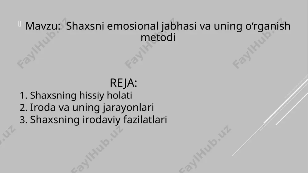 a, affekt, kayfiyat, kuchli hayajonlanish (stress holati) ehtiros va nihoyat, tor ma`nodagi his-tuyg`ular kishi xulq-atvorini tartibga solib turadi. bilishning jonli manbai bo`lib, odamlar o`rtasidagi murakkab va ko`p qirrali munosabatlarning ifodasi hisoblanadi. kishi uchun subyektiv hisoblangan his-tuyg`ular uning ehtiyojlari qondirilish jarayoni qanday kechayotganligining belgisi sifatida na­moyon bo`ladi mavzu yuzasidan tayanch tushunchalar: iroda — ichki va tashqi qiyinchiliklarni echish uchun xatti - harakatlarni tanlash imkoniyatida namoyon bo`ladigan ruxiy aks ettirish shakli. irodaviy zo`r berish — irodaviy harakatning zo`r berishini his qilish bilan bog`liq sub`ektiv tarkibiy qismi. iroda kuchi — maqsadga erishish uchun zarur bo`lgan irodaviy zo`r berish darajasi. e’tiboringiz uchun rahmat! image1.png image2.jpeg image3.jpeg /docprops/thumbnail.jpeg