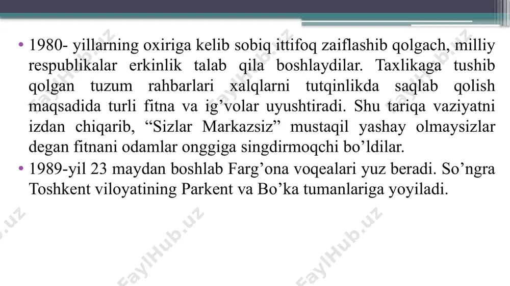 osabatlardagi tanho hokimligidir”. 1991yilning 22 iyulida o’zssr oliy soveti “o’zbekiston hududida joylashgan ittifoqqa bo’ysunuvchi davlat korxonalari, muassasalari va tashkilotlarini o’zbekiston ssr huquqiy tobeligiga o’tkazish to’g’risida” qaror qabul qildi. 1991 yil 19–21 avgust kunlari sobiq ittifoqni saqlab qolishga harakat qilgan qora kuchlar moskvada harbiy to’ntarish qilib, hokimiyatni qo’lga olish maqsadida gkchp – favqulodda holat davlat qo’mitasini tuzib, umuman xalqqa qarshi ekanliklarini ko’rsatdi. 1991 yil avgust voqealari amalda sssrning chuqur tanazzuli edi. mamlakatdagi demokratik kuchlar gkchp faoliyatiga chek qo’yib, hukmron partiya – kpss faoliyati to’xtatildi. 20 avgustda o’zbekiston prezidenti huzuridagi vazirlar mahkamasining qo’shma majlisi bo’ldi. unda o’zbekistonning mustaqillikka erishish yo’li o’zgarmasligi haqida bayonot qabul qilindi. mustqil o‘zbekiston e’tiboringiz uchun rahmat!!! image2.png image3.jpeg image4.png image5.jpeg image6.jpeg /docprops/thumbnail.jpeg