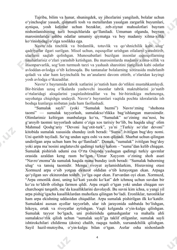 boshlangan va o‘rta osiyo, eron, afg‘oniston xalqlarida eng katta bayramlardan biri hisoblangan. bu o‘lkalarga islom dini kiritilganidan keyin navro‘z bayrami man qilingan, ammo xalq o‘z sevgan bayramini nishonlashda davom etgan. o‘rta osiyo va eron xalqlari arab xalifaligi hukmronligidan qutulgan davrdan boshlab, navro‘z bayramini o‘tkazish yana rasmiy tus olgan. navro‘z bayrami haqidagi ma’lumotlar abu rayhon beruniyning “qadimgi xalqlardan qolgan yodgorliklar” va boshqa asarlarida, umar xayyomning “navro‘znoma” asarida uchraydi. mahmud koshg‘ariyning “devonu lug‘otit-turk” asarida navro‘zga bag‘ishlang‘an xalq qo‘shiqlari keltirilgan. o‘rta osiyolik tarixchi olim abu bakr al-narshaxiy (899- 959) o‘zining “buxoro tarixi” asarida navro‘z kuni siyovush qabri boshida odamlar xo‘roz so‘yishlarini va bunga uch ming yildan ortiqroq vaqt o‘tganini yozgan (“buxoro tarixi”, t., 1966). o‘rta osiyo hududida navro‘z bayrami nishonlanganligi to‘g‘risida boshqa manbalarda ham ma’lumotlar bor. o‘zbekiston hududida yashagan xalqlar ham bu kunni yangi yilning boshlanishi deb quvonch bilan kutib olganlar. bir necha kun ilgari tayyorgarlik ishlari boshlangan. bug‘doyni undirishga qo‘yilgan va uning …